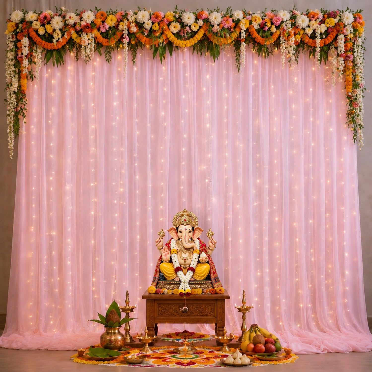 Party Propz Pink Backdrop for Decoration - 4 Pcs, Backdrop Cloth for Decorations Pooja, Background Decoration Items, Pink Satin Curtain with Ribbon & Light (Satin Mix)-image-43
