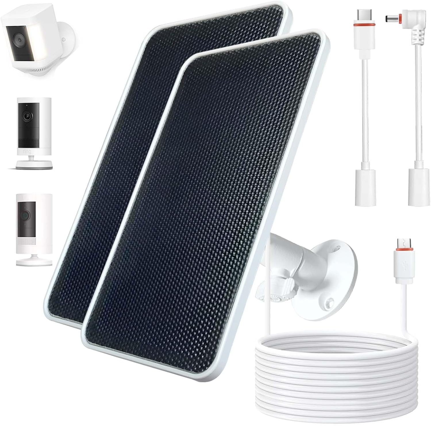 Solar Panel for Ring Camera - Charger for Ring Outdoor Cam (Stick Up Cam) Plus & Pro/Spotlight Cam Plus & Pro (Battery Models) -13FT Cable, USB-C/Barrel/Micro Connectors, 6.5W, Weatherproof - 2 Pack