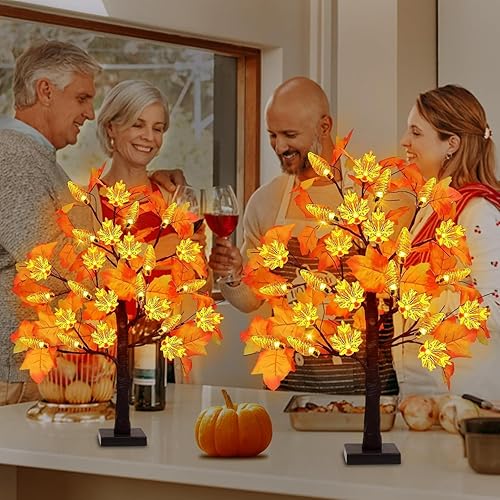 Miniatura 6 de Paquete de 2 decoraciones de árbol de arce de otoño preiluminadas de 24 pulgadas con 48 luces LED, temporizador de otoño, funciona con pilas,