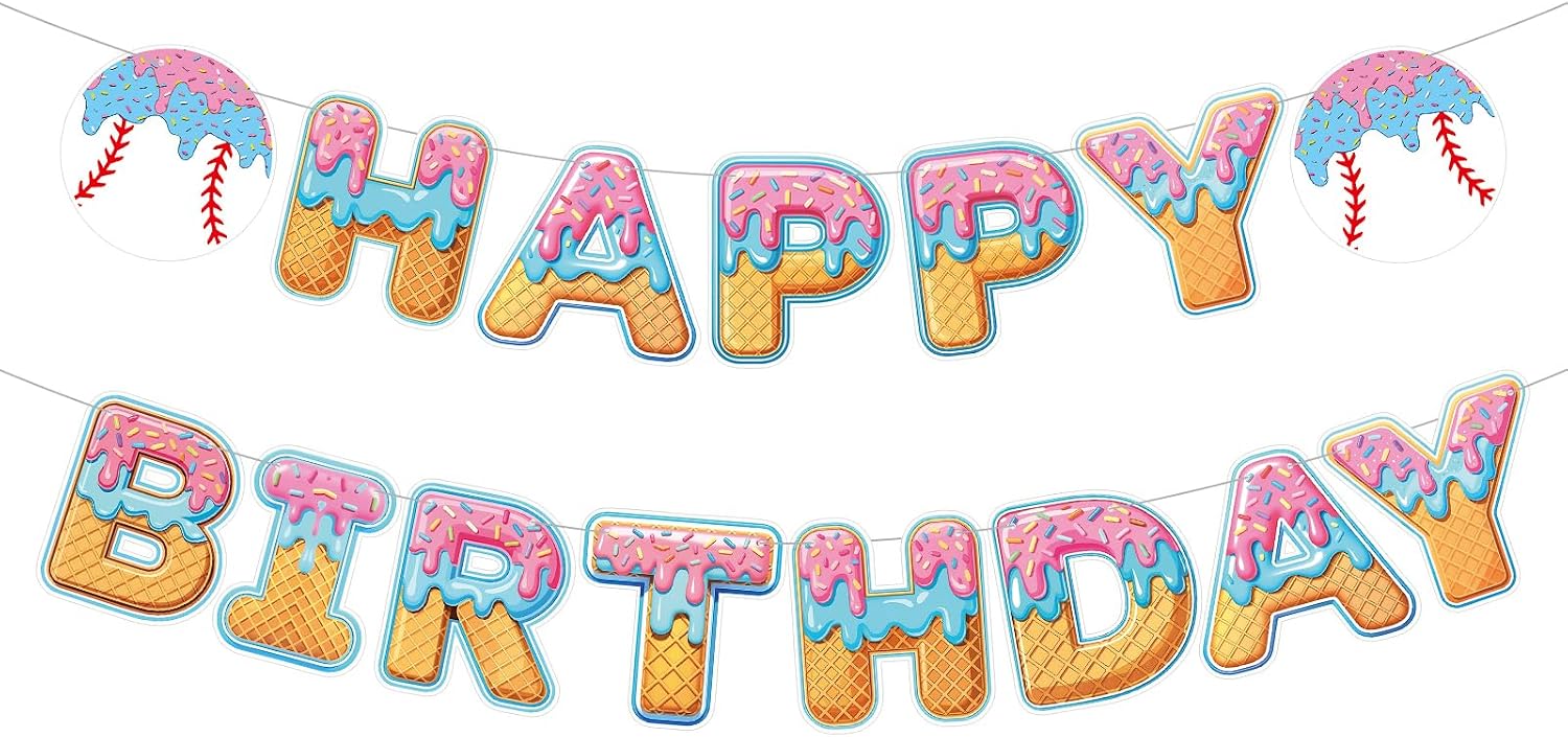 Supervitae Happy Birthday Banner Baseball, Baseball Ice Cream Drip Birthday Banner, Baseballs Party Hanging Decorations Sport Theme Party Supplies for Sport Parties Favors Decoration