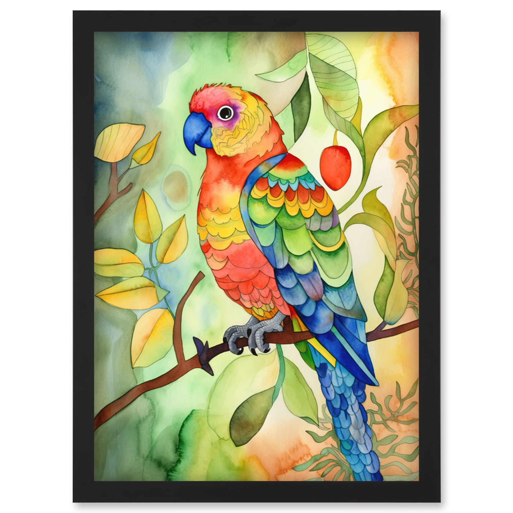 Artery8 Parrot Bird On Tree Branch Folk Art Watercolour Painting Artwork Framed Wall Art Print A4