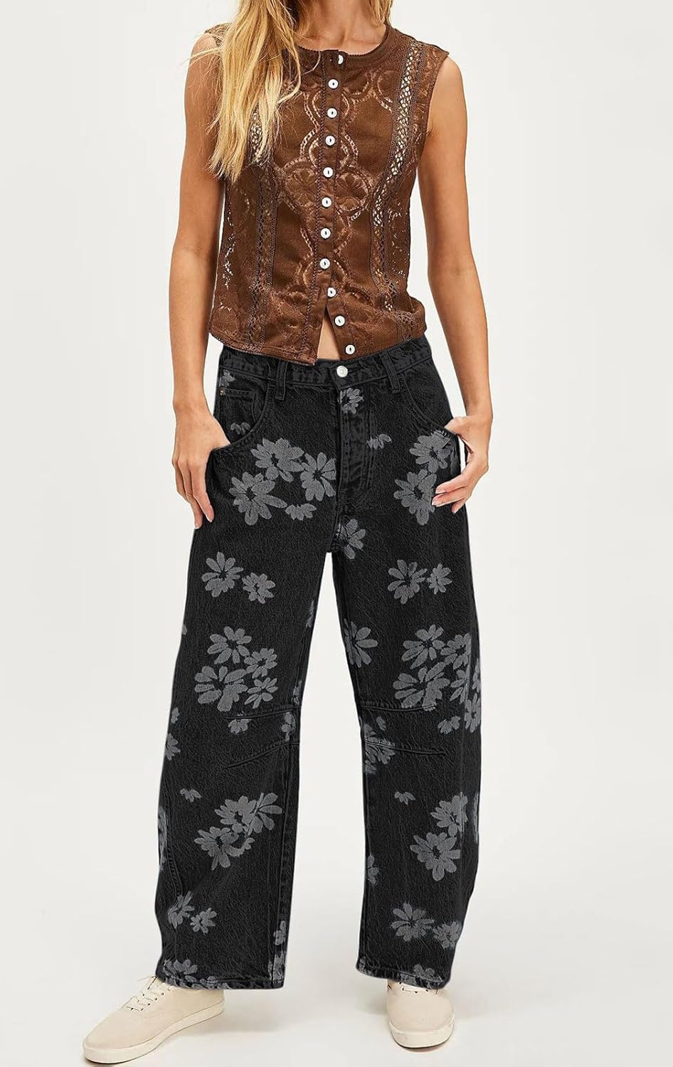 loveimgs Women Y2k Distressed Barrel Jeans Baggy Wide Leg Jeans Floral Printed Boyfriend Patchwork Denim Pants - Image 5