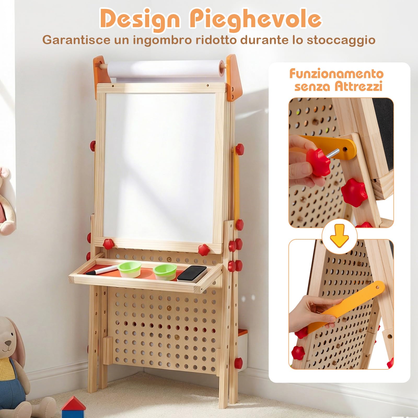 COSTWAY Lavagna per Bambini, Cavalletto Pieghevole e Regolabile, Lavagna Magnetica Doppia Faccia con Rotolo di Carta, Vassoio Portaoggetti e Corsa per Biglie, per 3+ Anni
