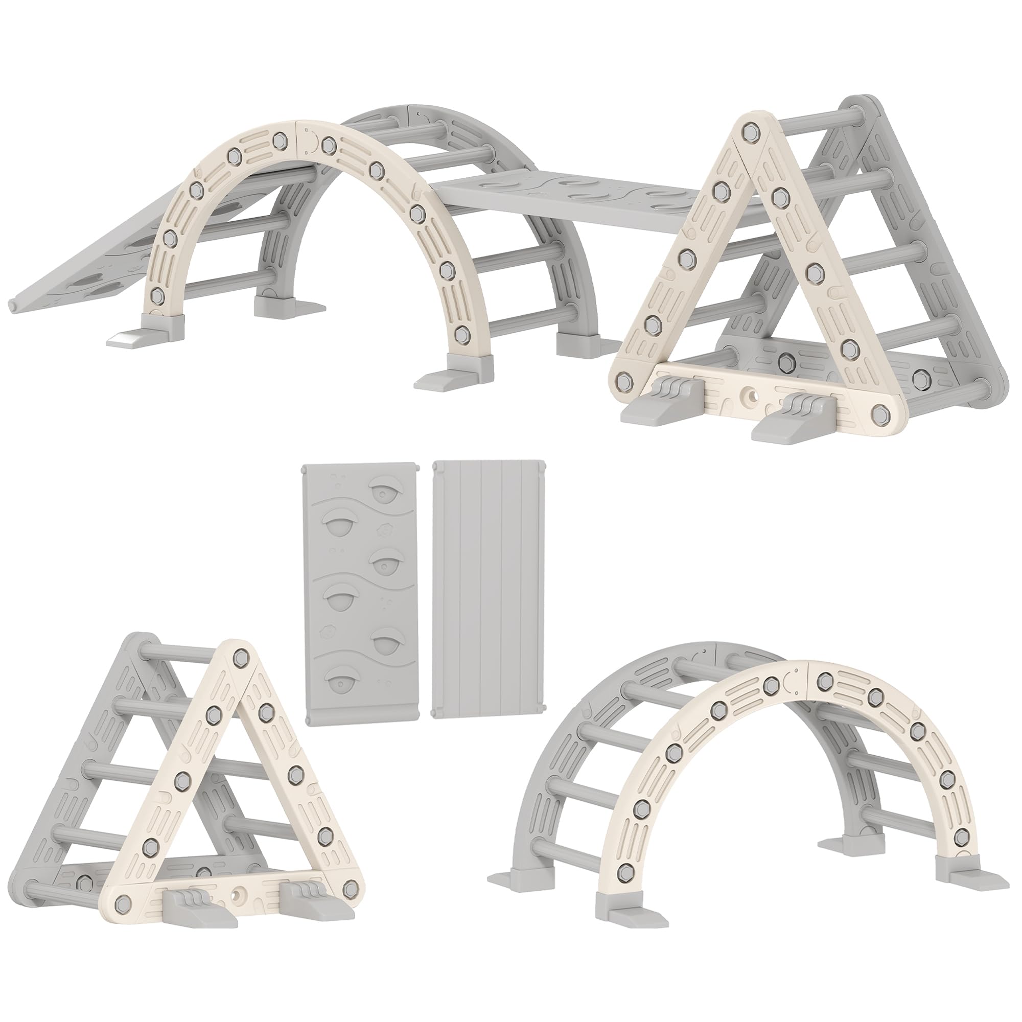 AIYAPLAY 5 in 1 Klettergerüst Montessori Indoor 18-48 Monate Grau+Weiß | Kletterdreieck mit Rutsche, Kletterbogen, Doppelseitige Rampe, Spielplatz Indoor, für Kinder