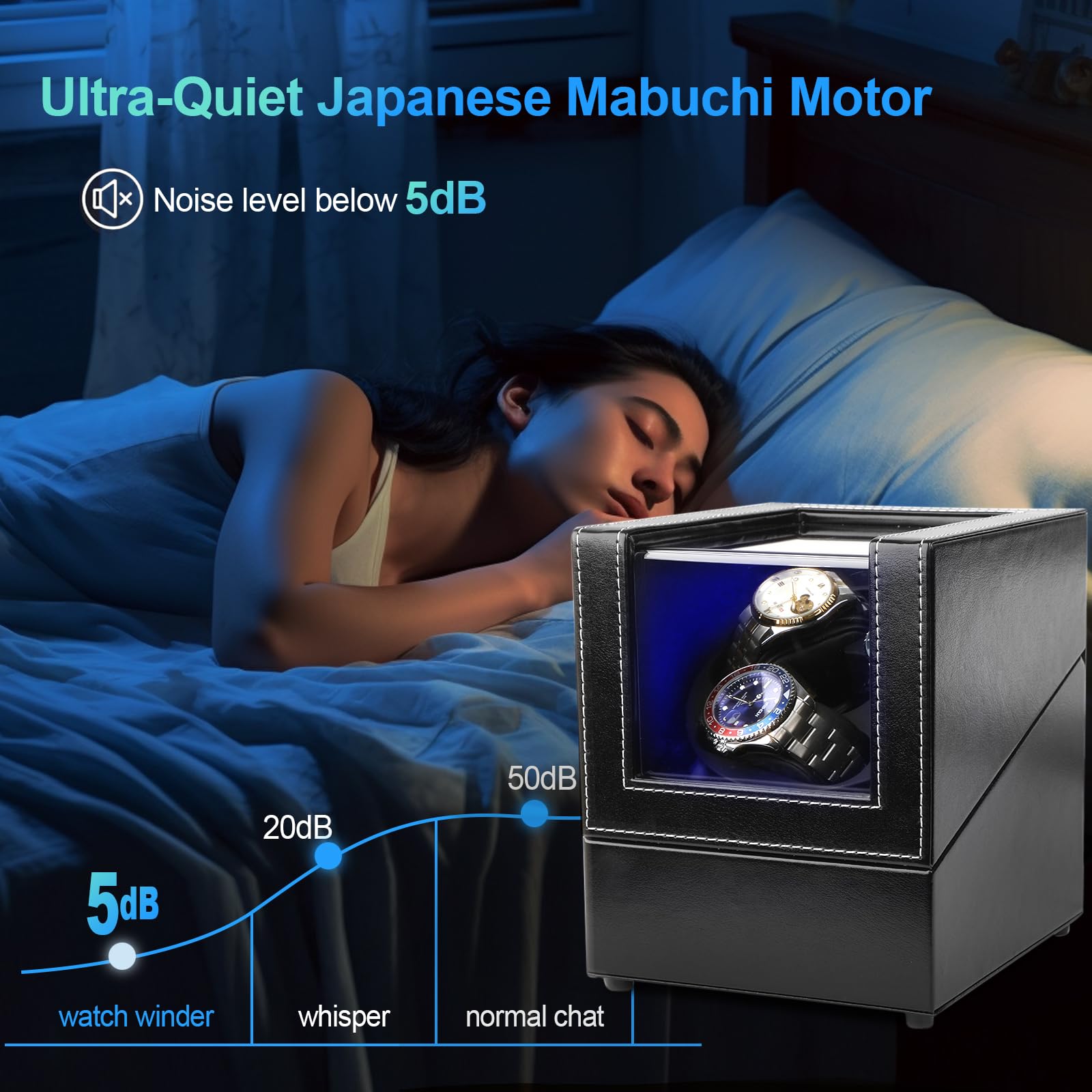 J&T Technology Remontoir de montre automatique avec lumière LED, boîtier rotatif avec moteur silencieux japonais, 4 modes de rotation, USB de type C