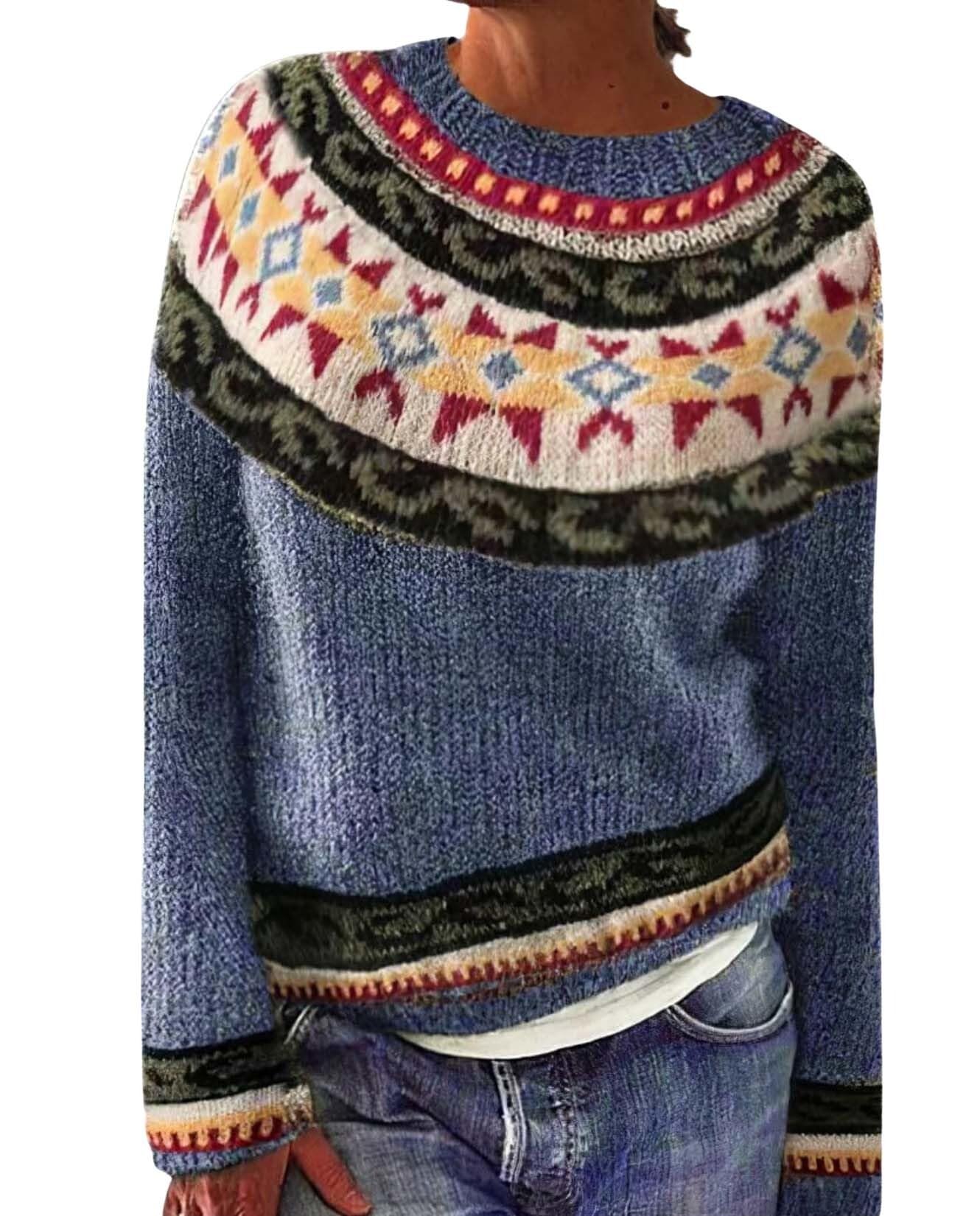 Fair Isle Knitted Sweaters for Women Winter Vintage Long Sleeve Crew Neck Fit Cute Fall Y2k Pullover Tops