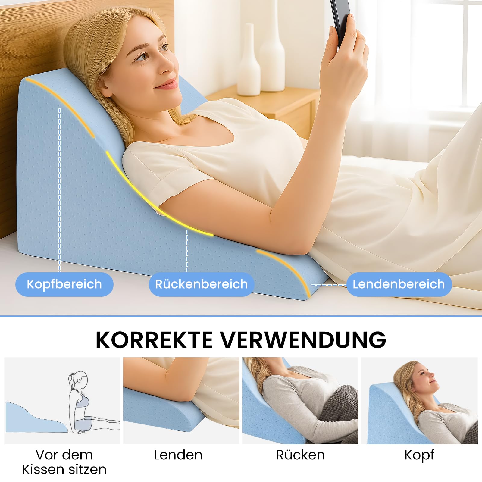 Youyijia Rückenkissen Lesekissen für Bett und Sofa Keilkissen Bett Lesekissen Ergonomisches Keilkissen Rückenkissen Sofa Bequemes Rückenkissens Zum Lesen Fernsehen Spielen & Entspannen (Blau)