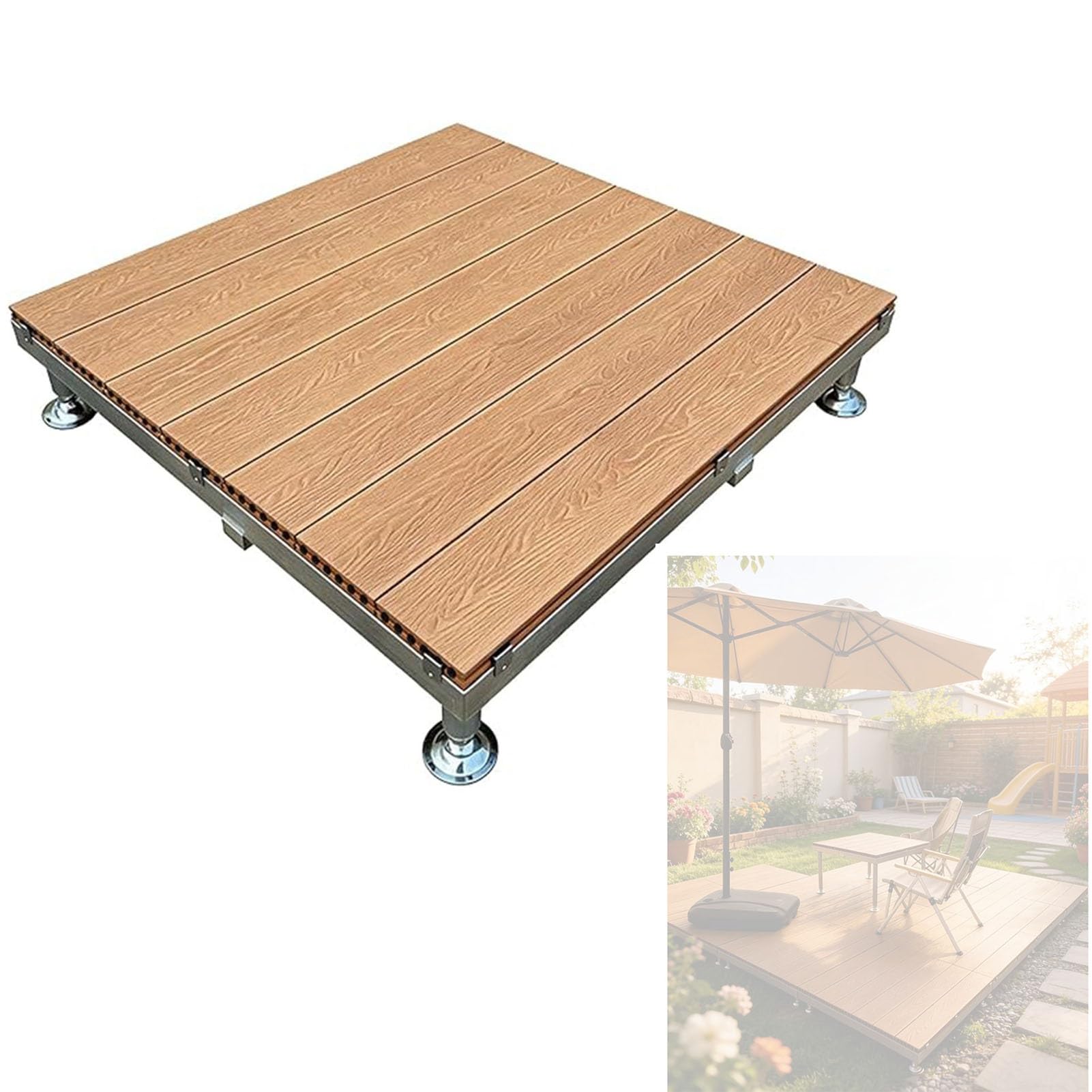 84x84 cm Plataforma de Terraza Elevada Modular for Patio, Suelos Clic Exterior de WPC con Patas de Altura Ajustable y Marco de Metal para Arreglar Terrenos Irregulares Fácilmente