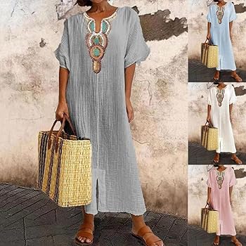 Abito Donna In Cotone E Lino - Lungo Bohémien Con Maniche A 3/4 - Foto 3