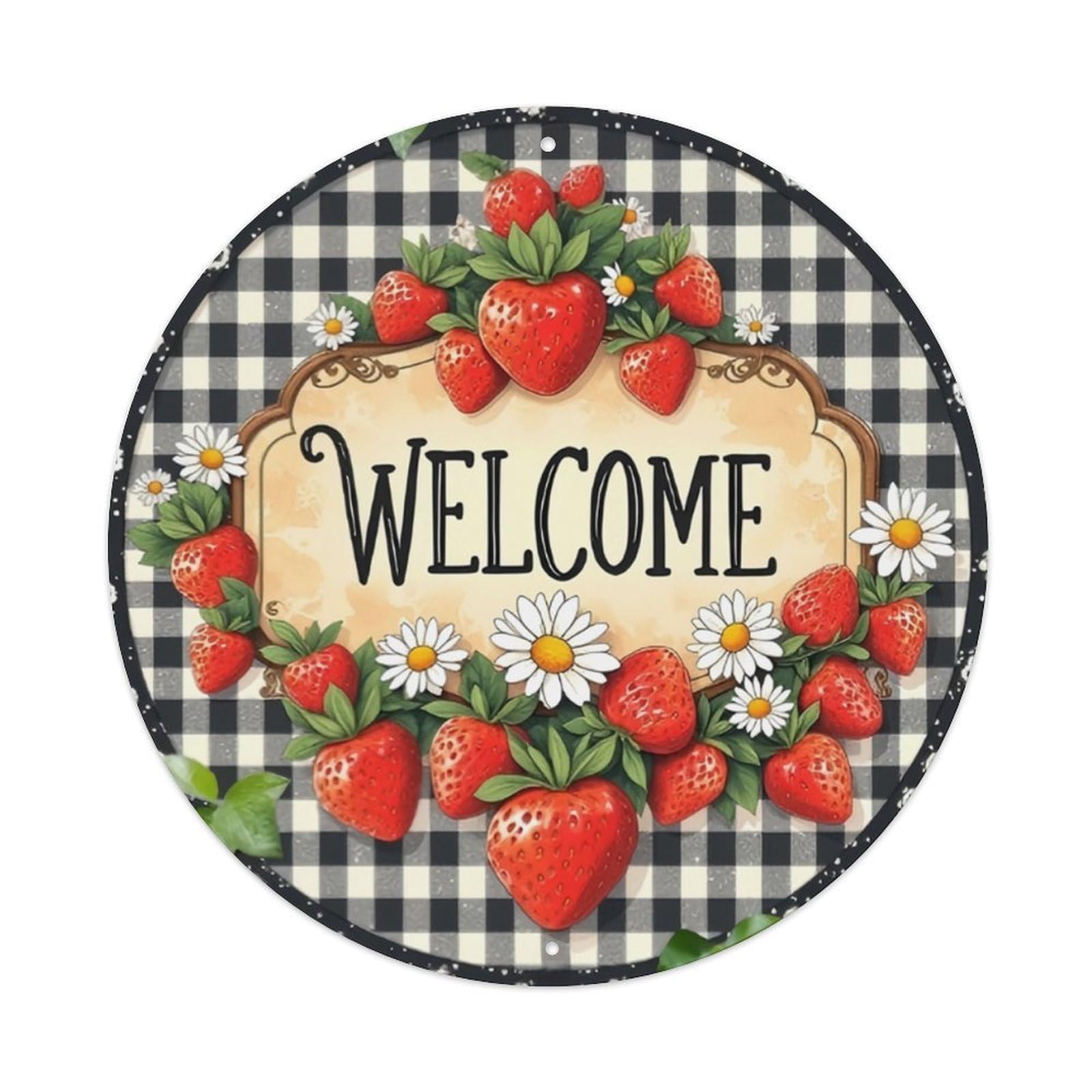 Ldfuieksufg Style Buffalo Plaid Strawberry Daisy Welcome Round Tin Sign Vintage Aluminium Metal Sign, Retro Wall Decor For Home, Bar, Garage & Farmhouse 20X20cm