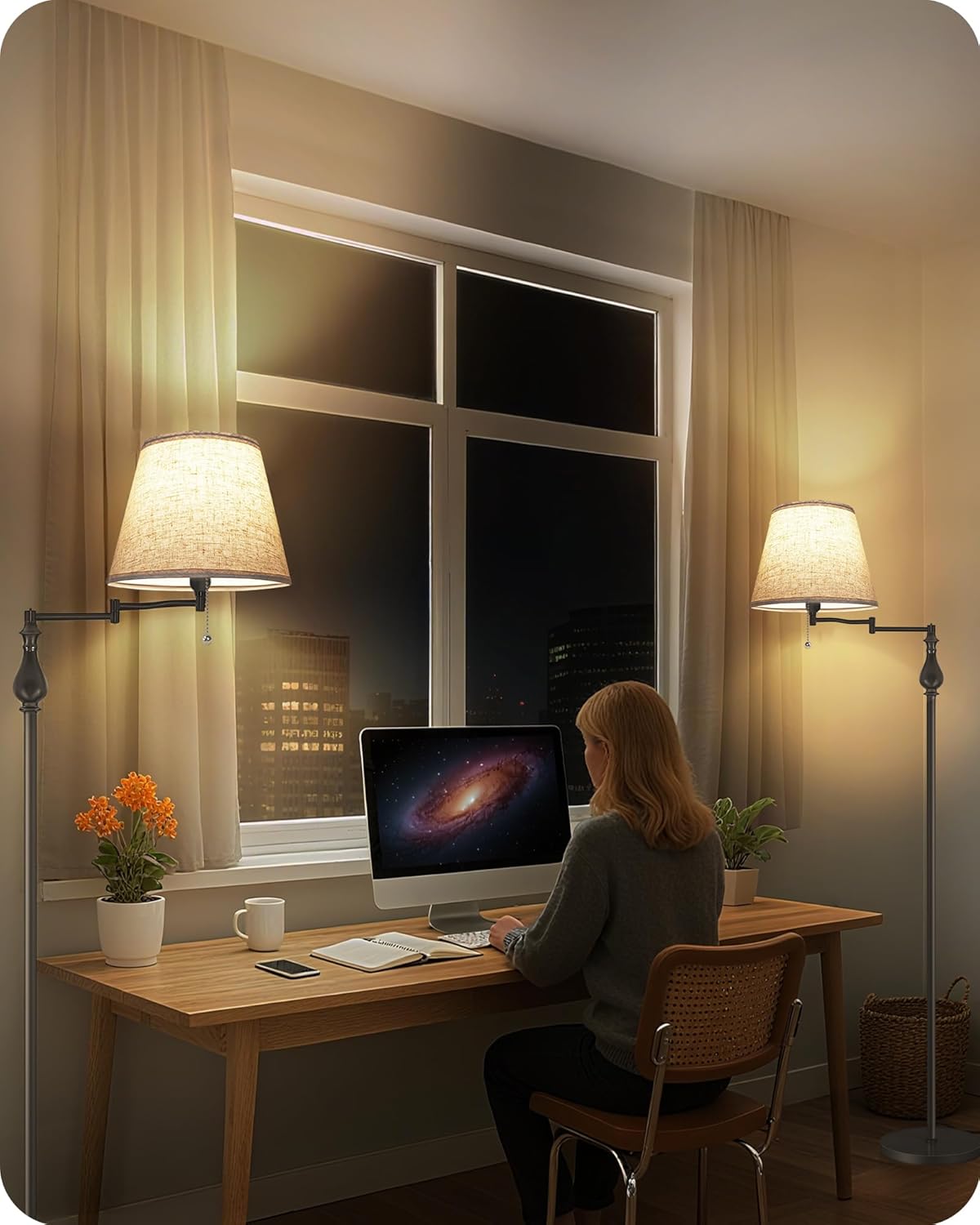 Vintage Floor Lamp with 350°Adjustable Swing Arm, 61” Mid-Century Modern Floor Lamp, Standing Pole Lamp with Pull Chain Switch, Antique Reading Lamp for Living Room, Bedroom, Office, Brown CE13LD05