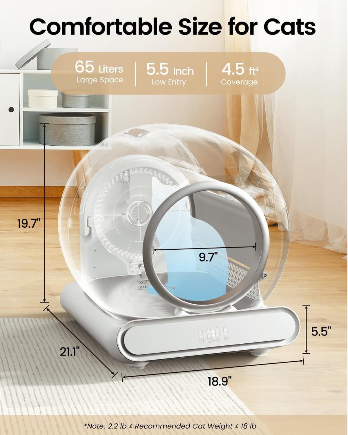 Lettiera Gatto Autopulente, 65L Lettiera Automatica per Gatti Intelligente, Sicurezza, Controllo App Lettiera Autopulente per Gatti per Gatti Abilitata WiFi, con Sacchi Spazzatura, per Più Gatti