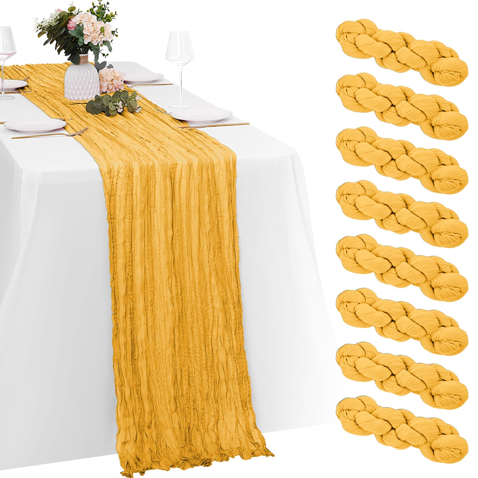 Photo 1 of  Gold Cheesecloth Table Runners 20x120 Inch Gauze Table Runner 10FT Easter Cheese Cloth Table Runner Rustic Sheer Runner for Wedding Baby Shower Birthday Party Table Decor
