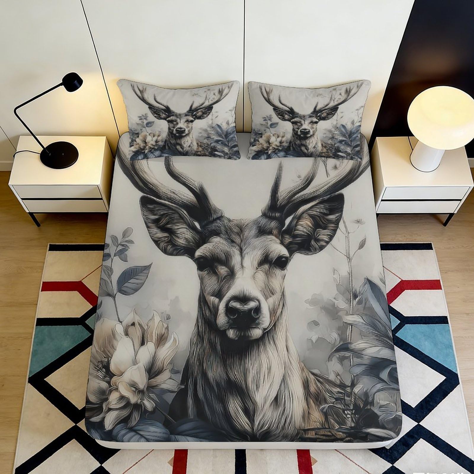 3D Printed Deer Forest Fitted Sheet Microfiber Non-slip Mattress Cover for Bedroom Guest Room Decor 115 200x200x25cm
