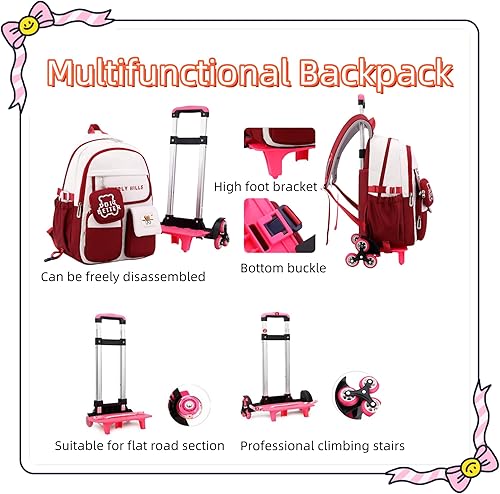 Miniatura 5 de ZHANAO - Mochila rodante con bloques de color para niñas, bolsa escolar kawaii con ruedas, mochilas con carro para estudiantes de primaria