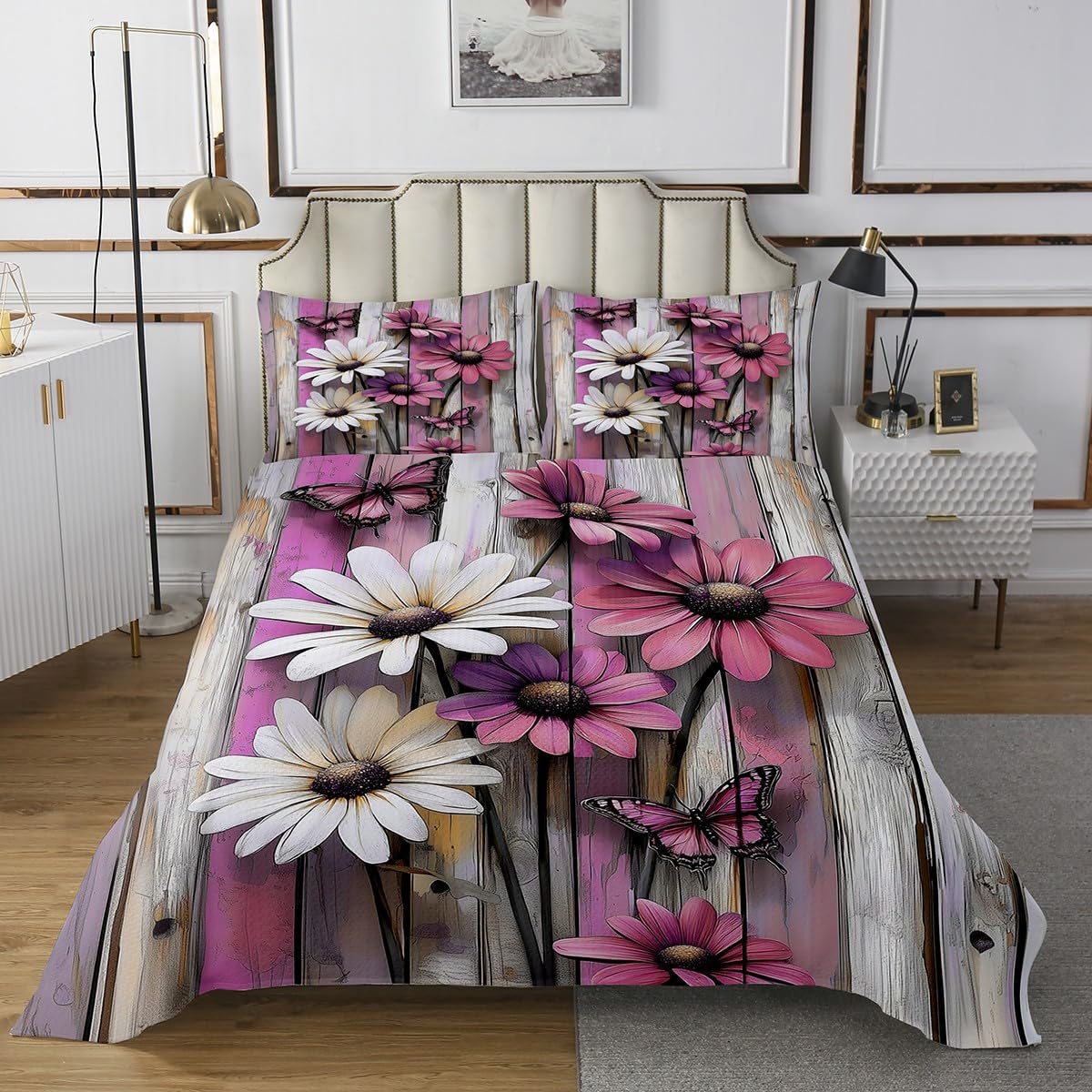 Pink Farmhouse Daisy Quilt Set for Kids Teens,Wooden Flower Bedspread,Rustic Floral Butterfly Bed Cover Country Style Bedding Set Decorative Quilted 2 Piece Coverlet with 1 Pillow Sham,Twin Size