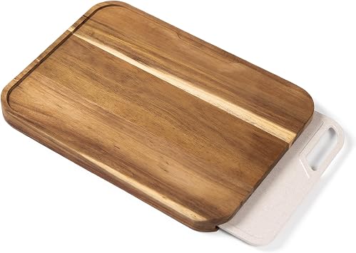 KitchenEdge Nesting Cutting Board Set, 2-Piece, Acacia | Rice fiber chopping board, non-slip feet, juice groove, heavy duty, pre-oiled, 17x12.5 in