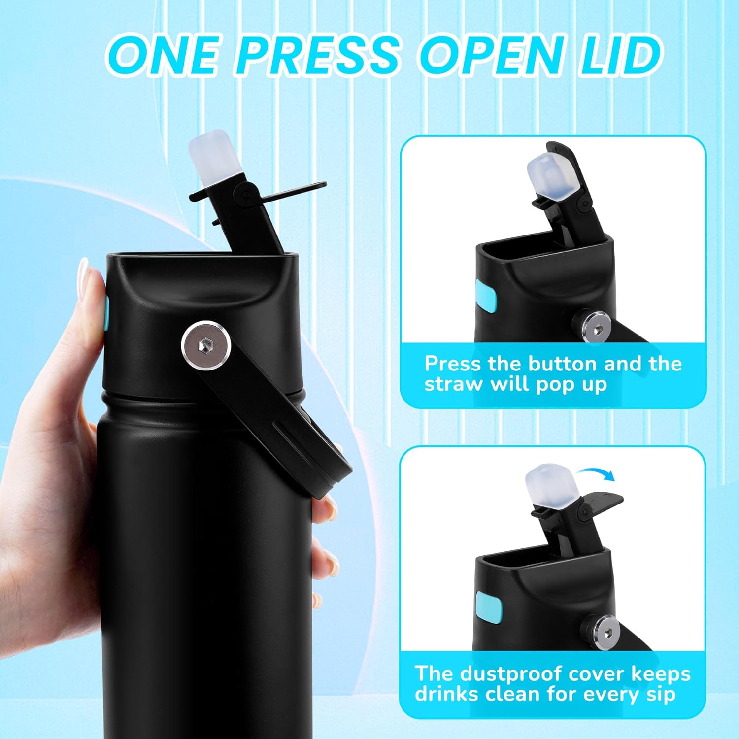 18 oz Insulated Water Bottle with Straw Lid, Stainless Steel Leakproof Water Bottles, One Press Quick Open & Easy Carry Handle, Double Wall Vacuum Cup for Sports, Travel, School, Black - Image 2