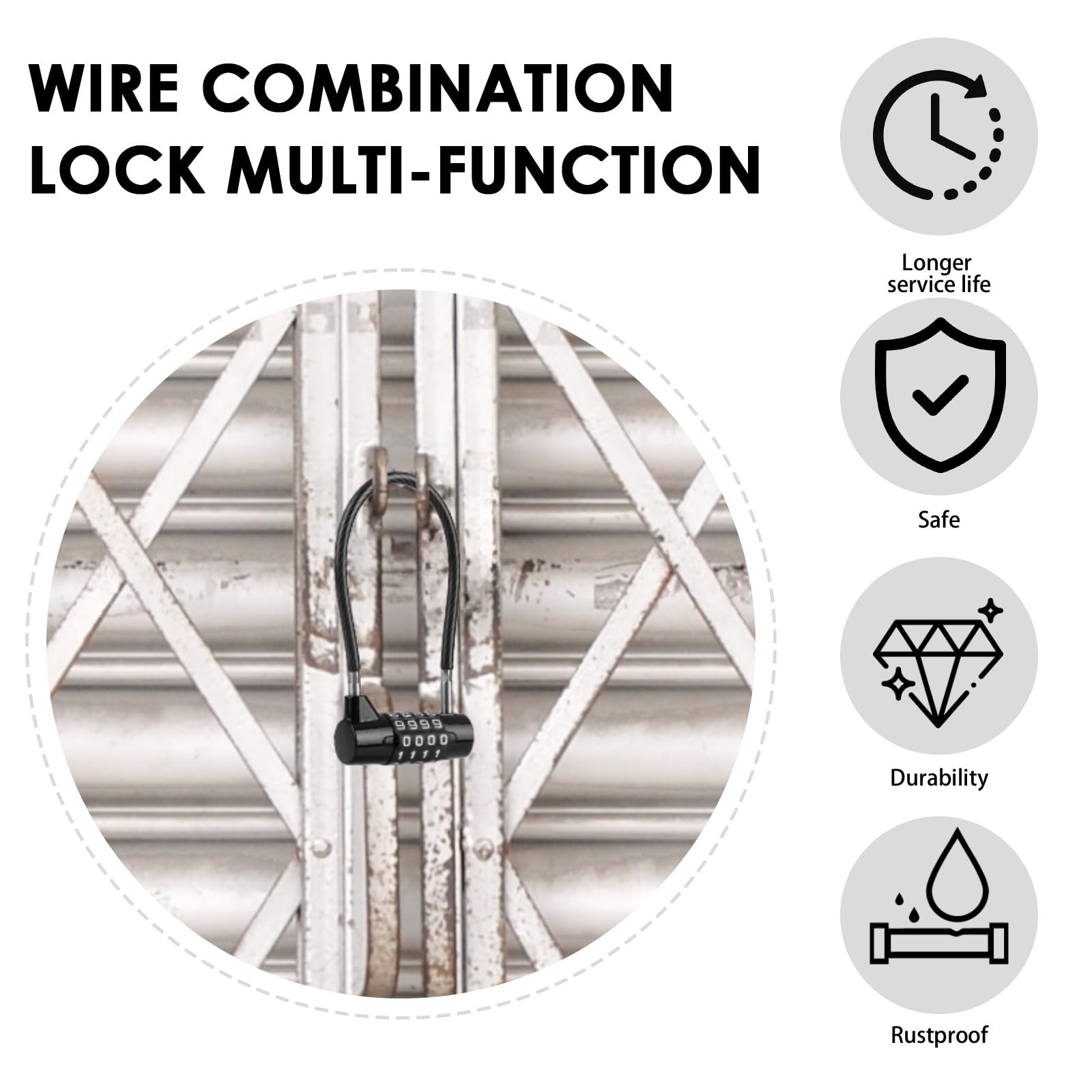 4 Digit Combination Padlock, 3/16" Diameter 7" Length with Steel Cable, Secure Lock - Image 4