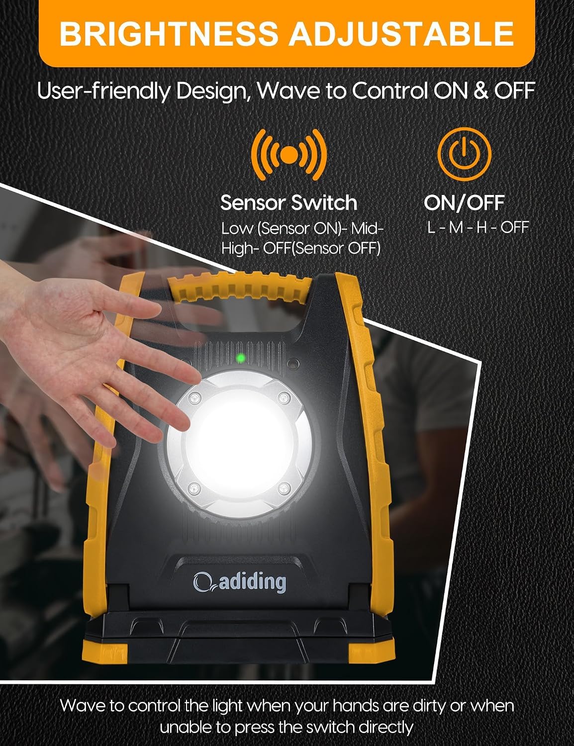 Adiding Luz de trabajo LED recargable de 4400 mAh, luz de inundación portátil debajo del capó, luz de trabajo con sensor y base magnética de rotación de 360°, luz mecánica alimentada por pilas para