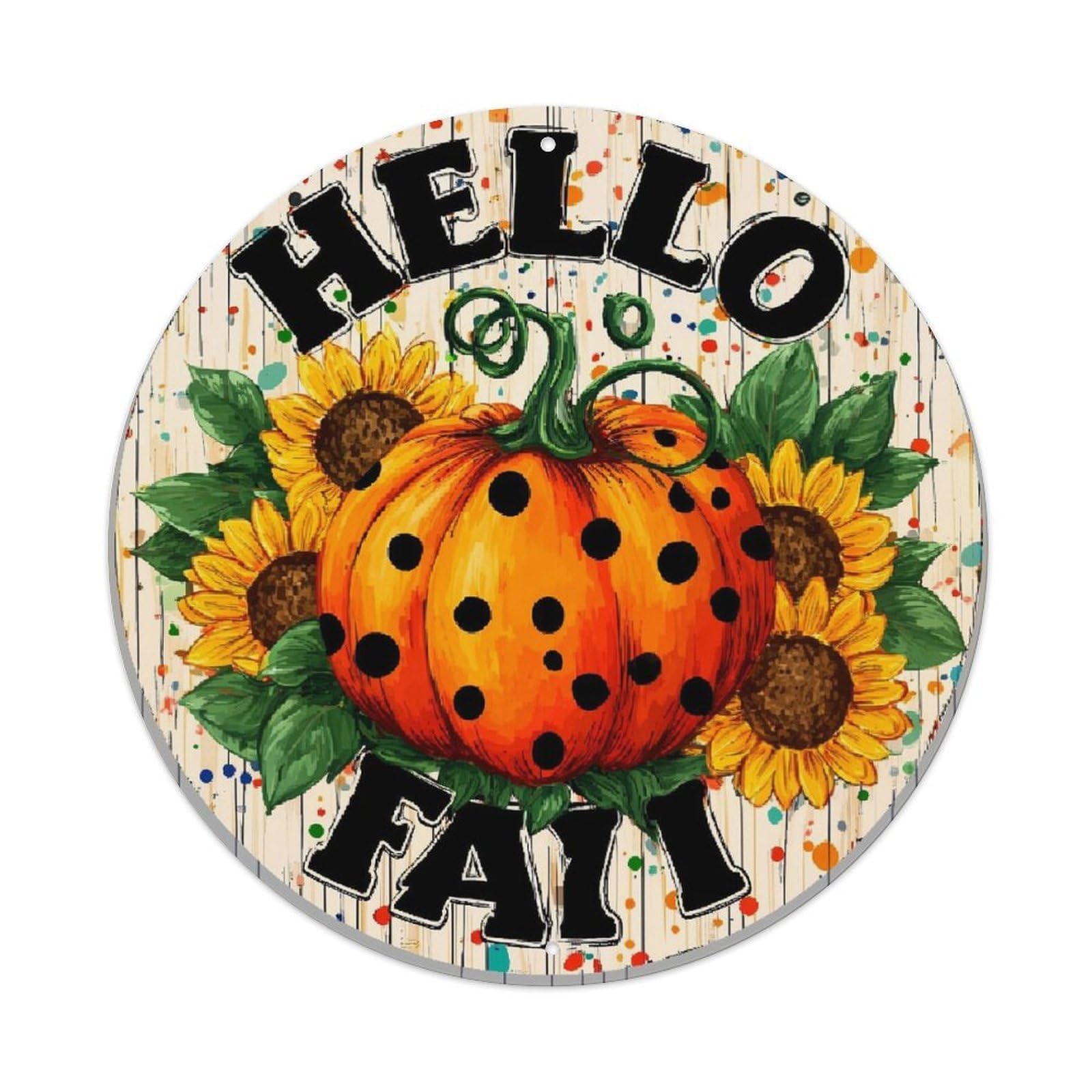 Hello Fall Pumpkin Sunflower Pattern Round Tin Sign Vintage Metal Sign Home Bar Garden Indoor & Outdoor Wall Decor Retro Metal Poster 8x8 Inch