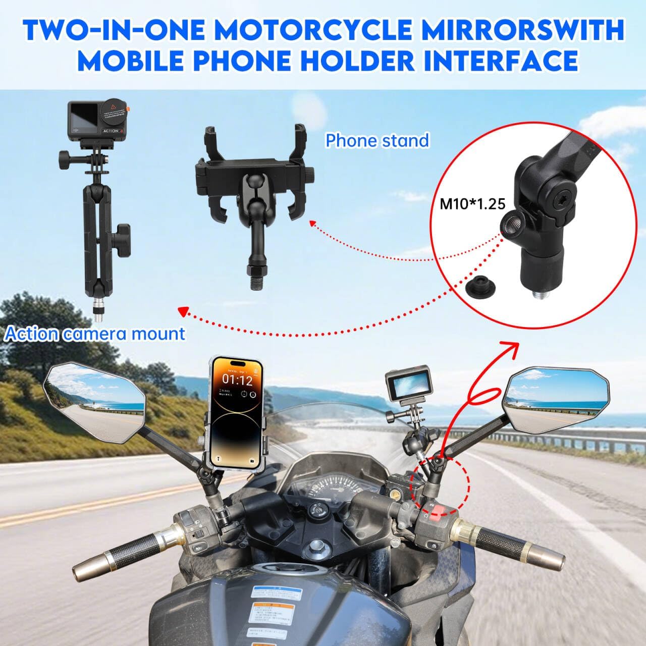 Motorcycle Mirrors for Handlebars, ATV Mirrors Featuring a Phone Mount Interface, Anti-impact/explosion/glare,HD,Compatible with Motorcycle (Suzuki,Yamaha,Honda,Kawasaki),Mopeds,Electric Bike - Image 4