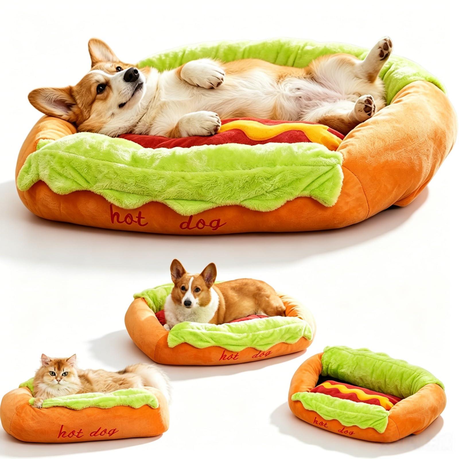 mondpfote Hotdog Dog Bed for Dachshund, Cute Hot Dog Bun Pet Sofa,Warm Washable Fuzzy Kennel with Removable Cover, Soft Plush Nest for Small Dogs Cats, Cozy Novelty Couch Mat (L)