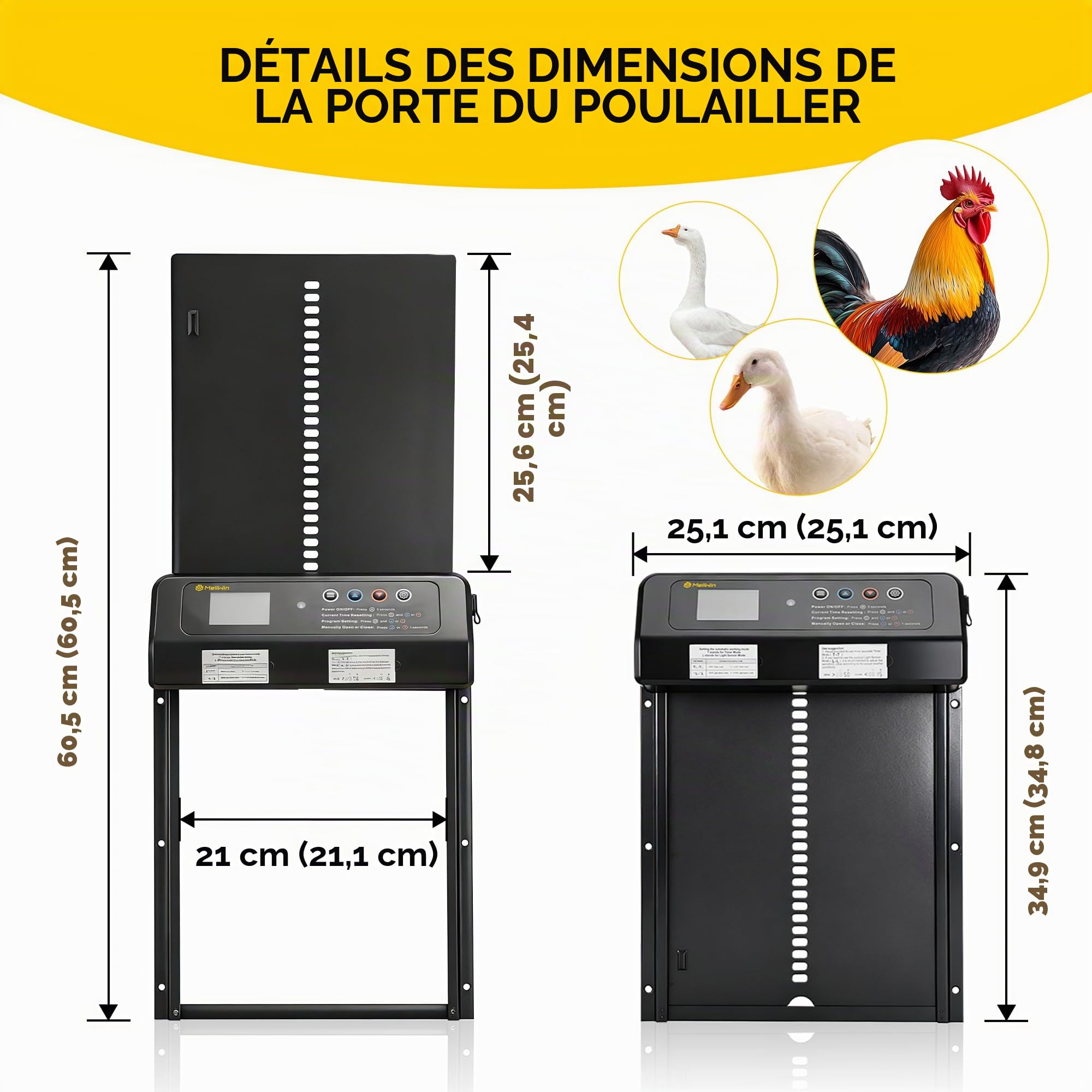 Porte de poulailler Automatique Solaire avec Affichage LED–Capteur de lumière,Porte de poulailler Automatique Anti-prédateurs (avec Outils auxiliaires) | 35 x 25 cm aluminium avec Affichage LED, protection contre la pluie et la neige,Anti-prédateurs et sé
