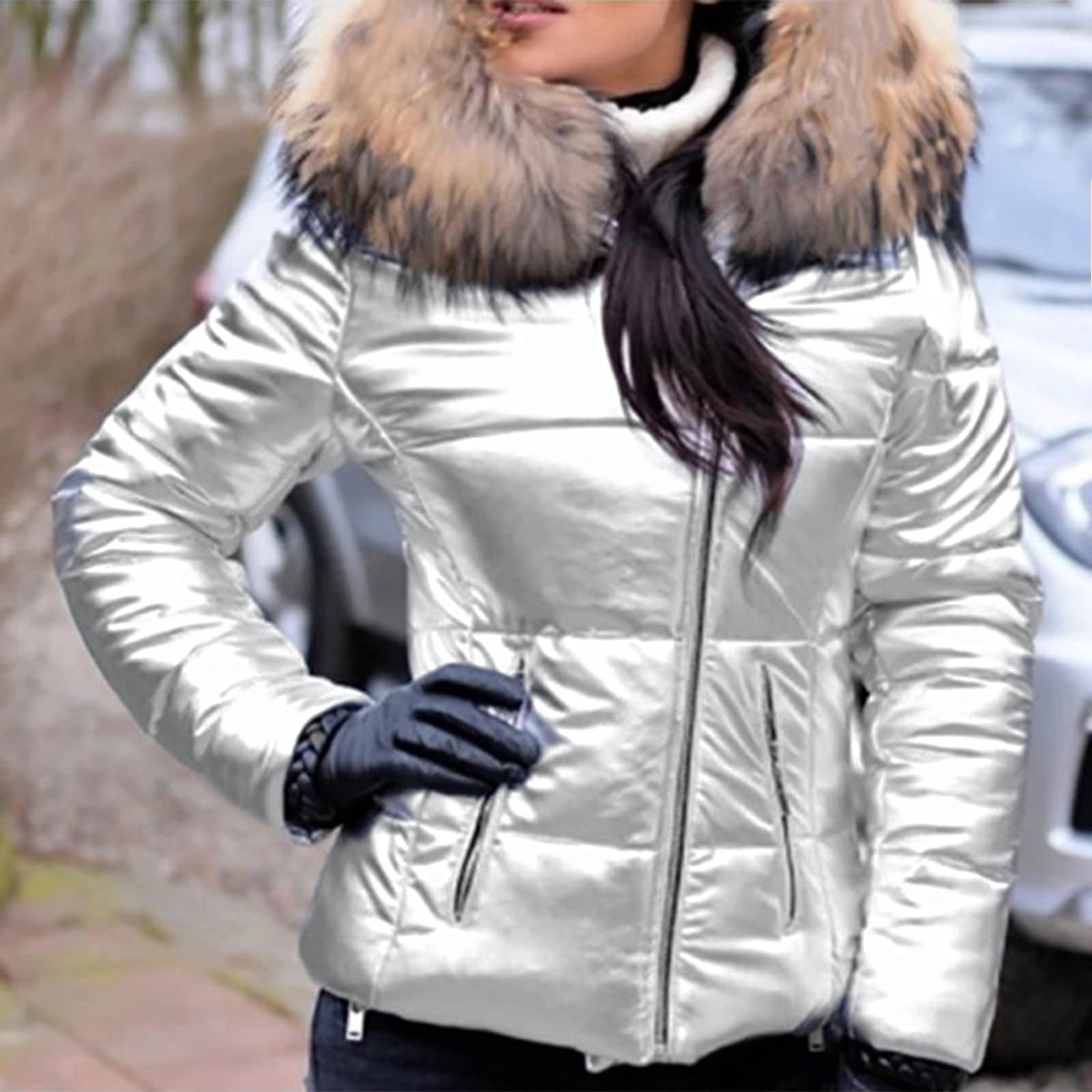 Generisch 2026 Chaqueta corta de algodón casual para mujer con cuello suelto para entretiempo, plata, L