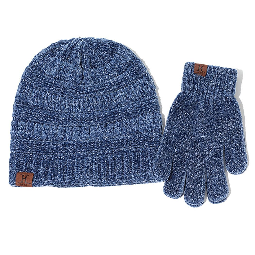 Unisex Pompon-Strick-Set, niedlich, dehnbar, Winterhandschuhe, Mütze, Fäustlinge