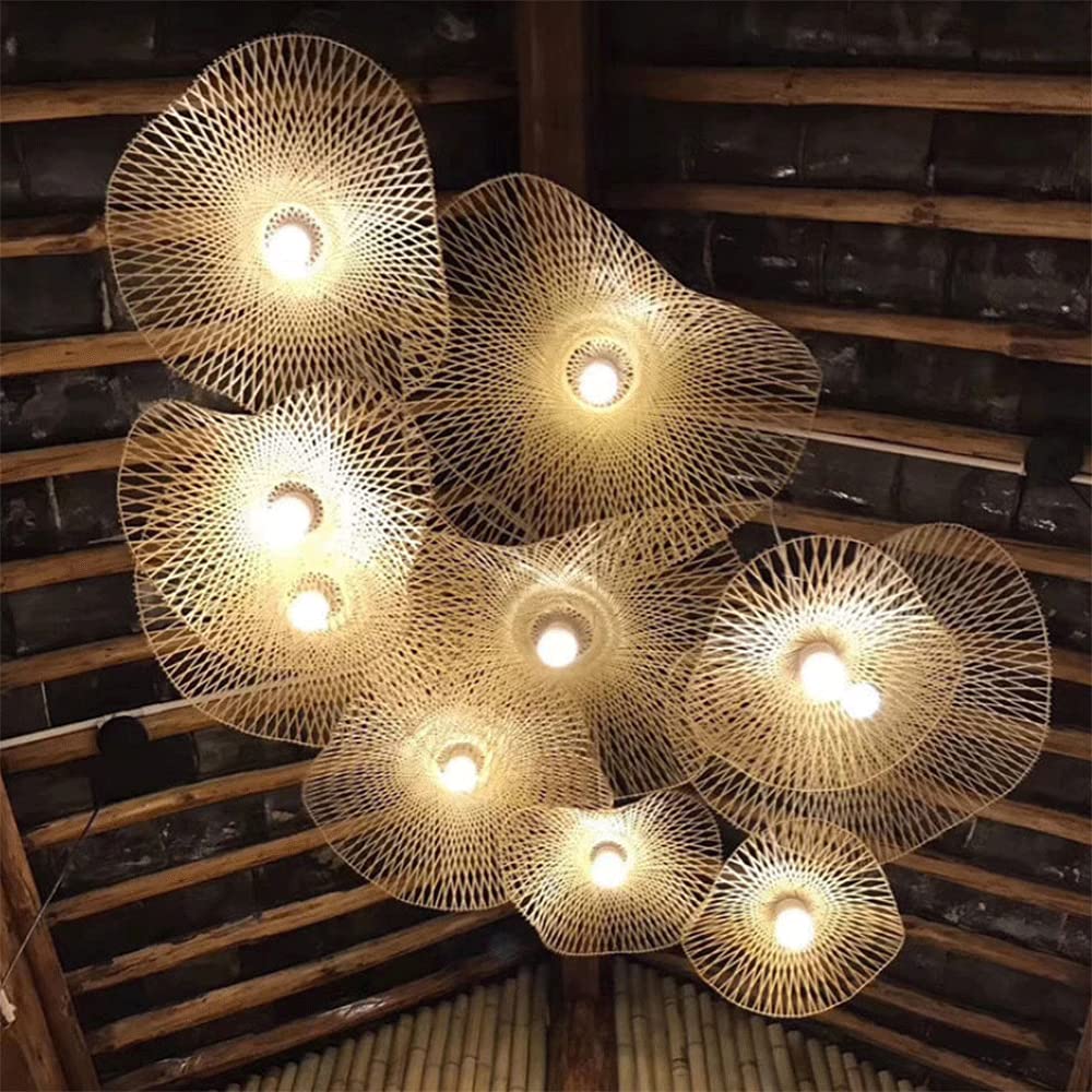 Éclairage en Matériaux Naturels Suspension Chapeau De Paille Abat-Jour en Rotin Et Osier Country Lustre Vintage en Bambou Luminaire Suspendu Tissé en Rotin Clair, Beige, 55cm