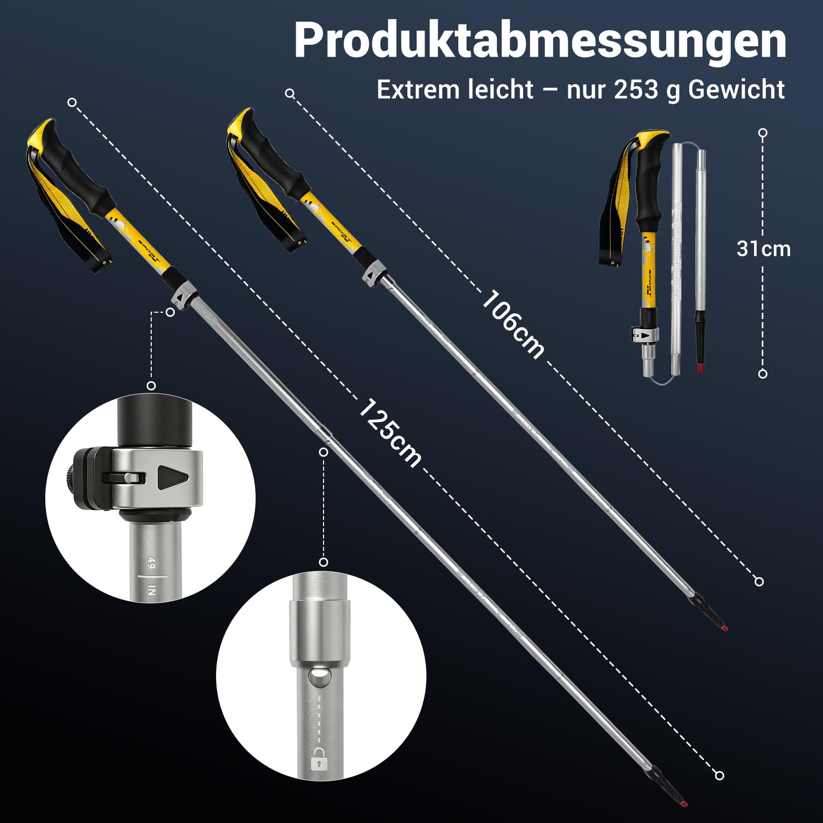 N82 Pro Bâtons de randonnée pliables triples - Bâtons de trekking ultra légers en aluminium 6061 - Bâtons télescopiques réglables pour l'extérieur (254 g/pièce, 110-125 cm) pour randonnée, trekking
