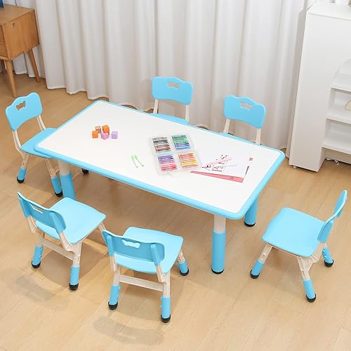 Juego de mesa y silla para niños, mesa de guardería y sillas para niños y niñas de 2 a 12 años, mesa de altura ajustable con 6 asientos, mesa