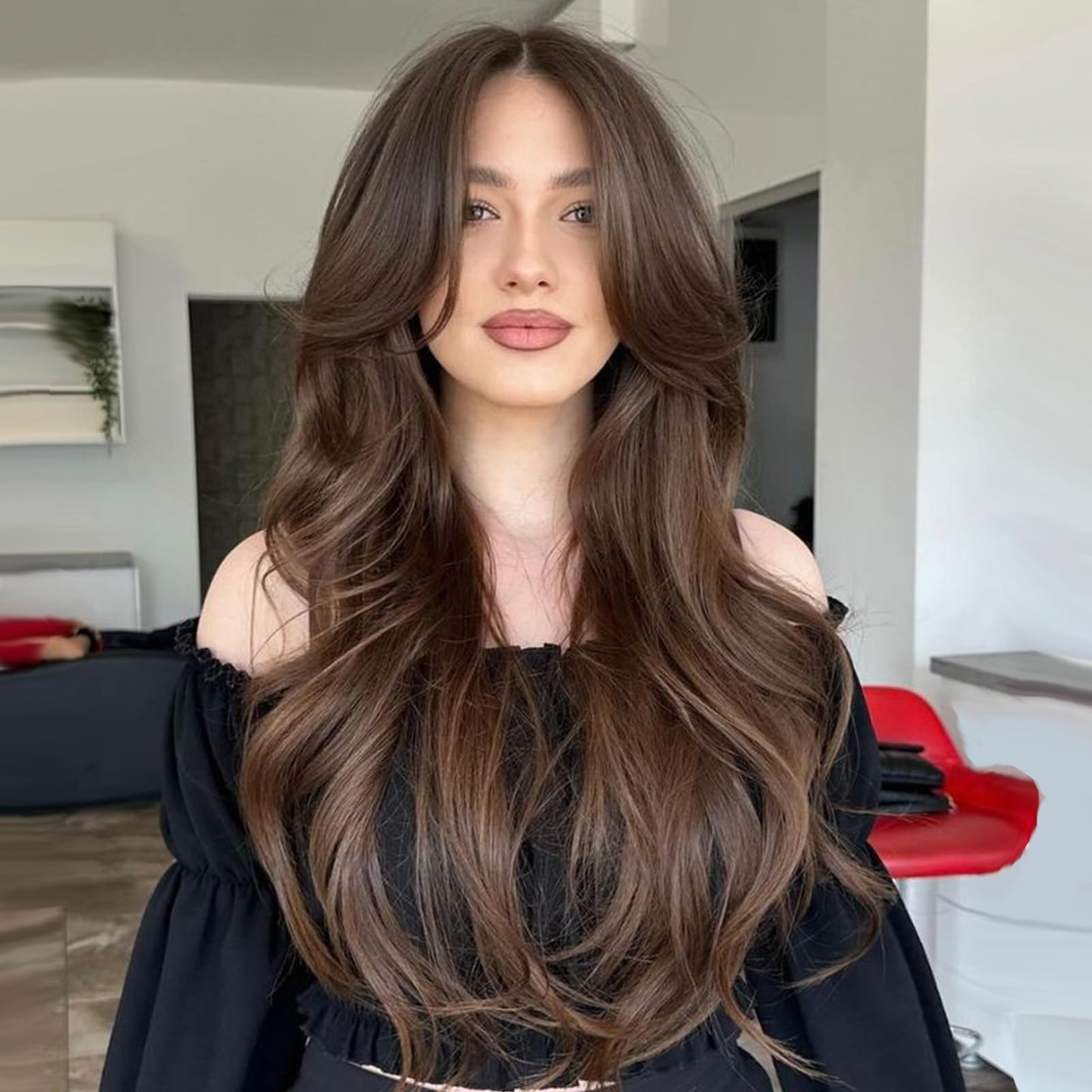 Long Dark Brown Wavy Layered Wigs with Curtain Bangs Brown Wig for Black  White Women Synthetic Long Blonde Butterfly Haircut for Girls Daily Party  Use