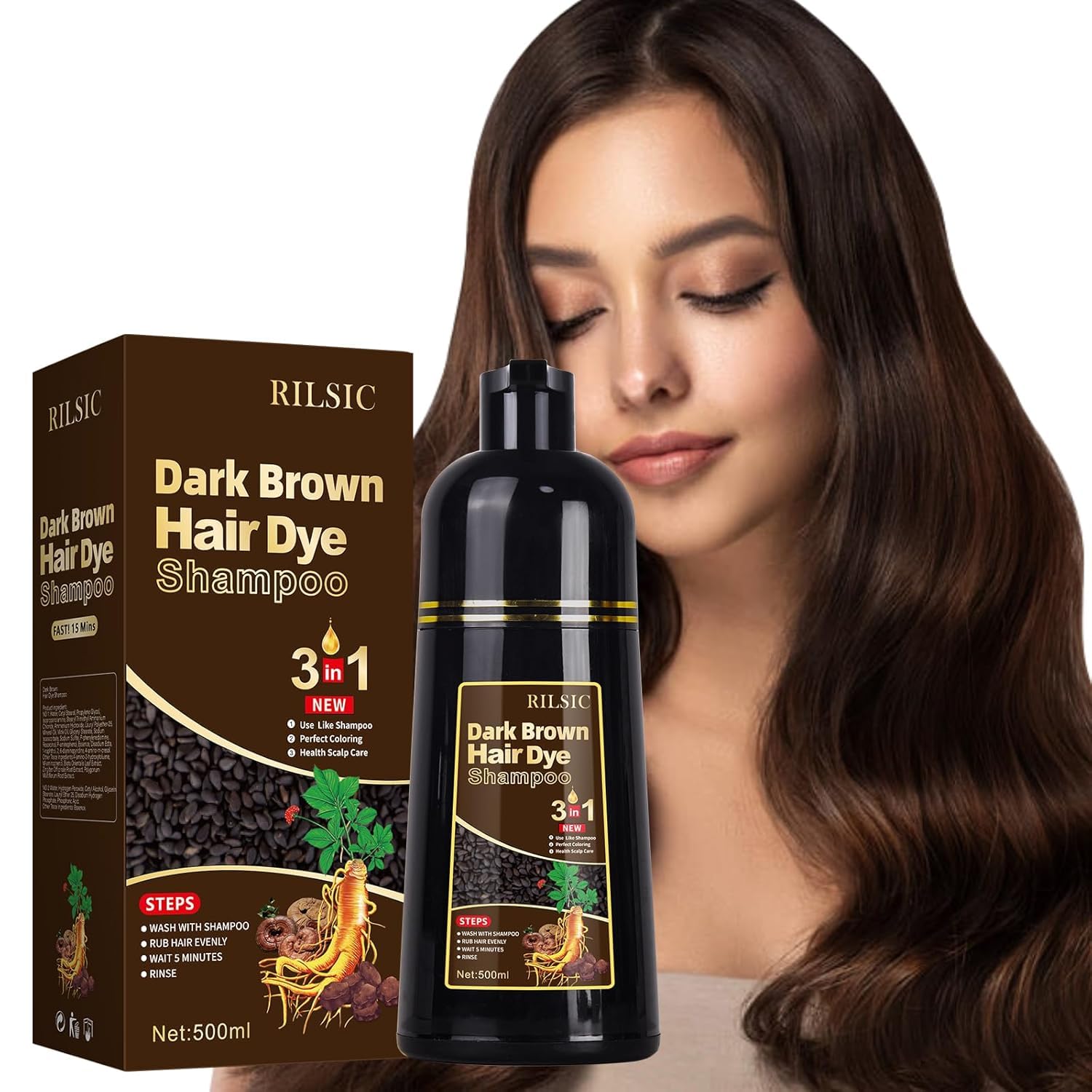 Haarfarbe Dunkelbraun, 500ML Haarfärbeshampoo für Graues Haar, Dark Brown Hair Dye Shampoo 3in1, Haarfarbe Shampoo, Natürliches Farbshampoo,Sofort-Haarfarben-Shampo Gegen Graue Haare für Männer Frauen