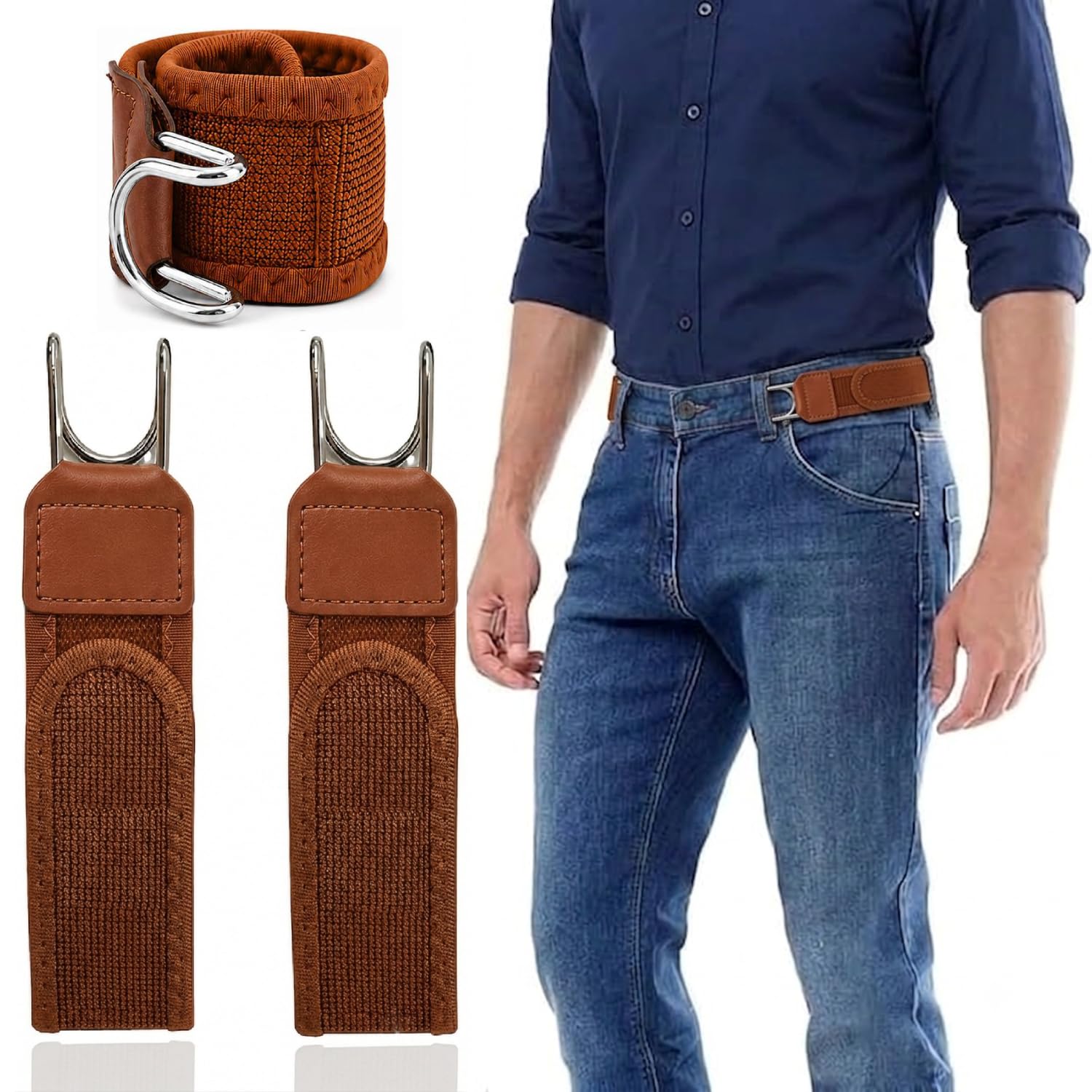 2 Pack Buckleless Elastic Belt for Men & Women, Tactical Metal Hook Invisible Waist Belt, Adjustable Stretch Nylon Velcro Strap for Work, EDC, Hiking, Travel, Jeans & Outdoor Use, Brown-image-36