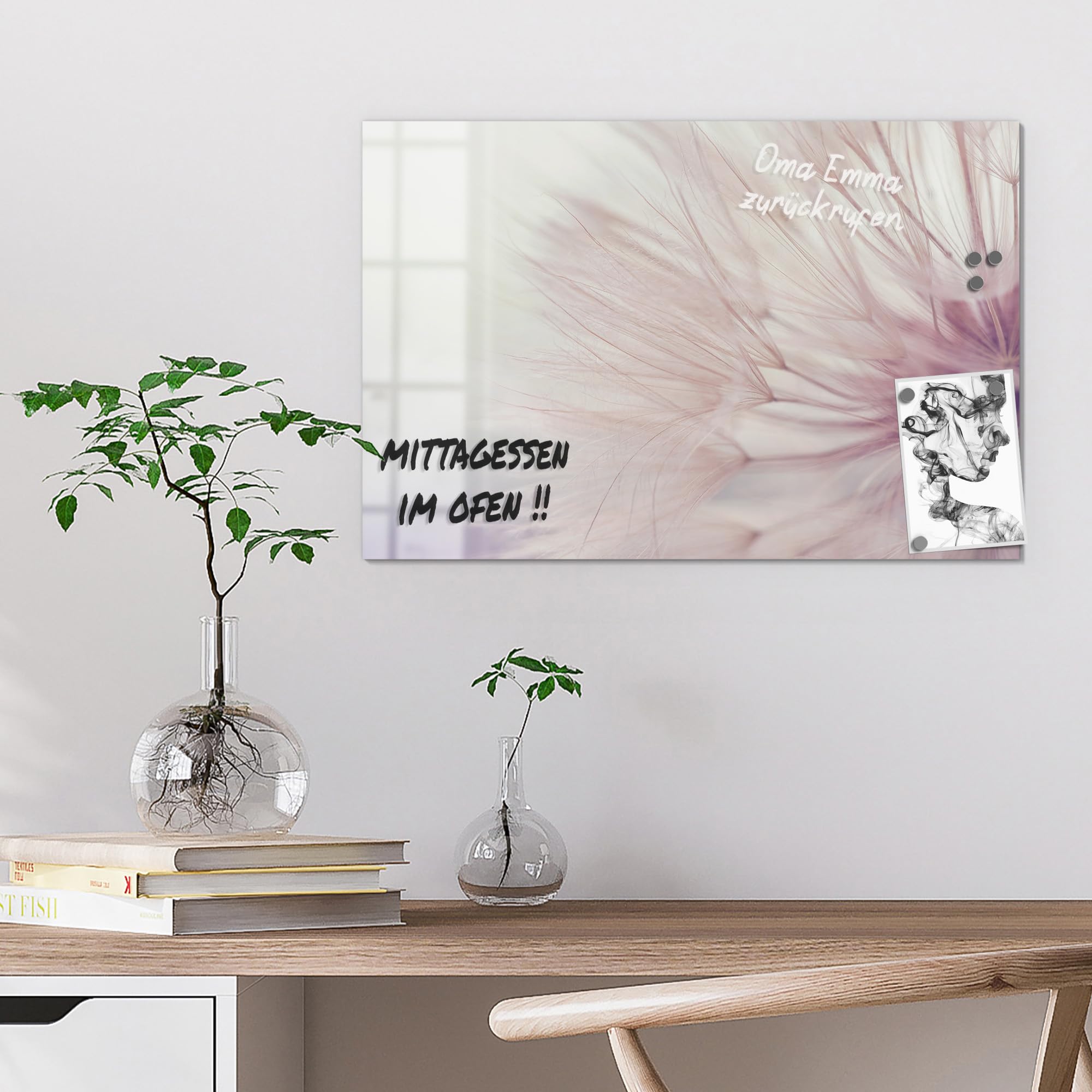 DEQORI Glas-Magnettafel | 60x40 cm cm groß | Motiv Zarte Pusteblume | Memo-Board aus Glas | Magnetboard inkl. Magnete, Stift & Tuch für Küche & Büro | Tafel magnetisch & beschreibbar