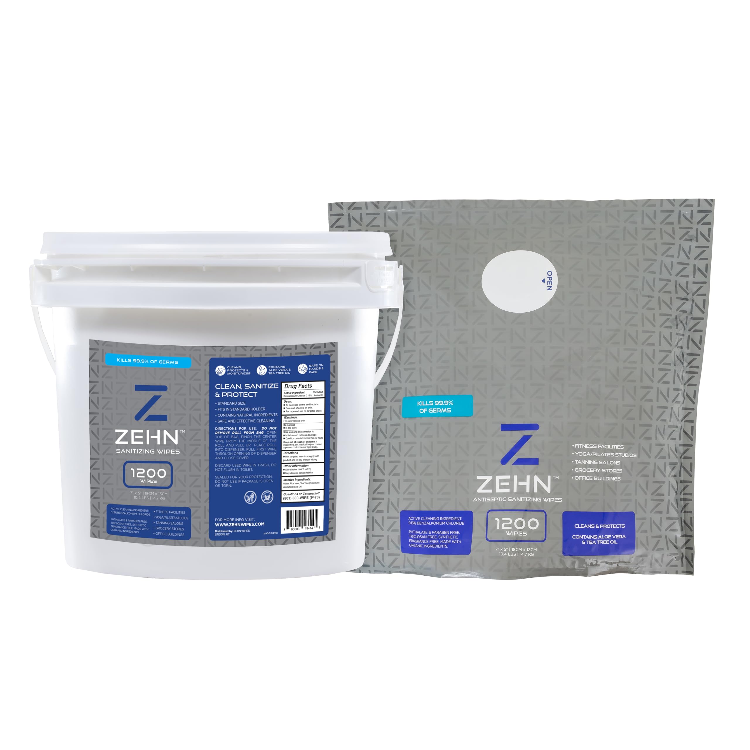 Zehn Everyday Wipes Bulk Roll + Bucket with Tea Tree Oil & Aloe Vera amazing for high-traffic areas. Alcohol-free, safe on skin, and effective on surfaces. (1,200 Wipes (1 Pack) with Refill Bucket)