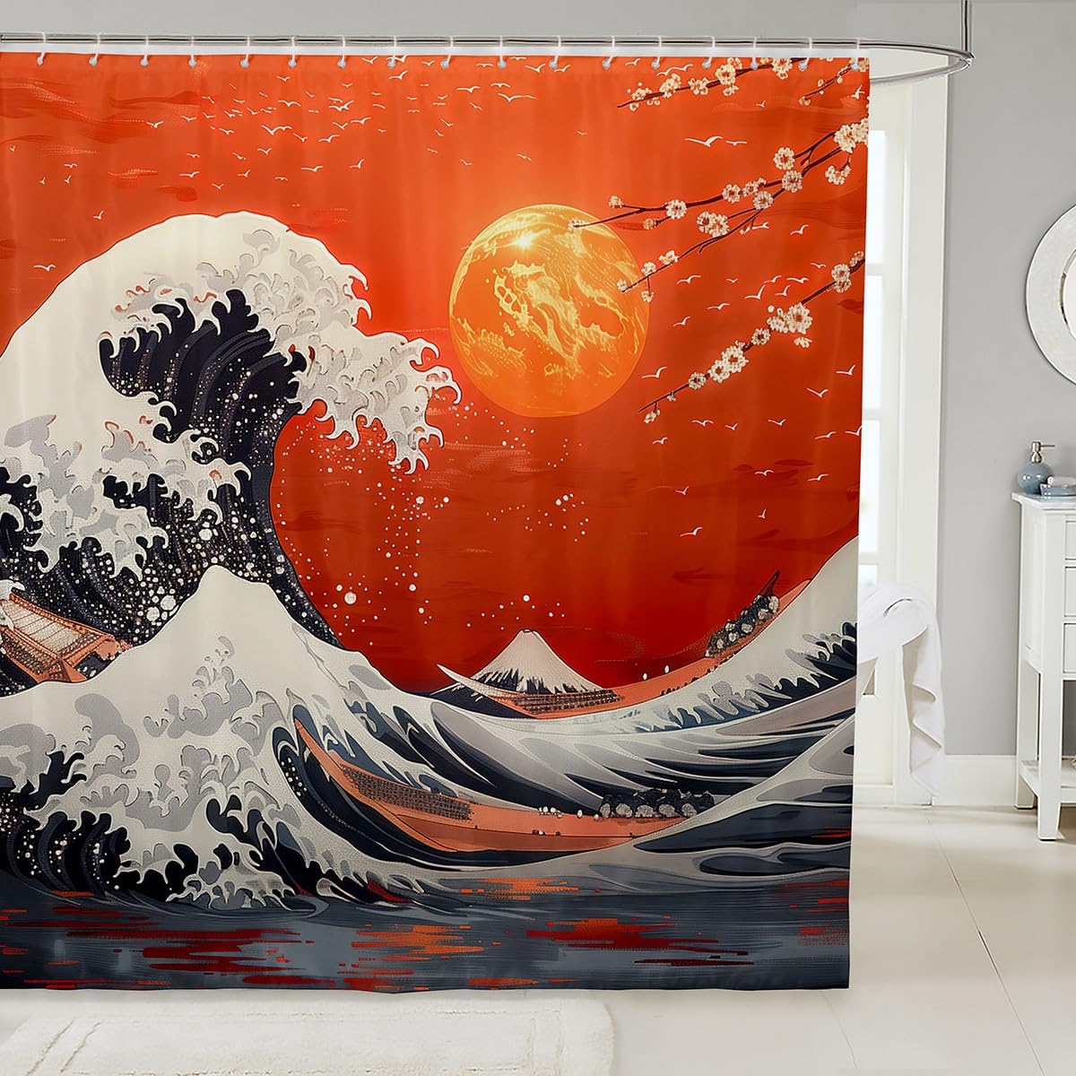 Japanese Style Bath Curtain Oriental Ukiyoe Shower Curtain for Kids Girls, Cherry Blossoms Waterproof Bathroom Curtain Mount Fuji Shower Accessories,