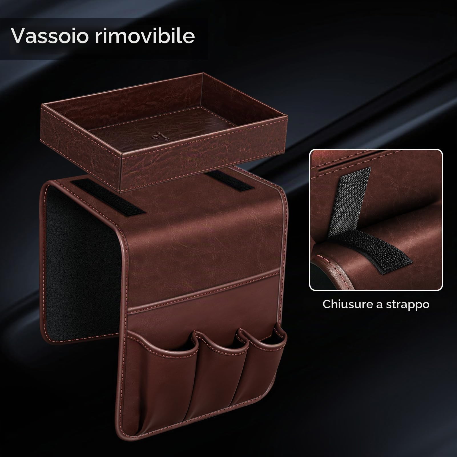 SITHON Organizer per Bracciolo Divano con Vassoio Rimovibile, [Antiscivolo] Porta Caddy Supporto per Sedia con 5 Tasche, per Telecomando, Telefono, Riviste, Chiavi, Occhiali, (Marrone)