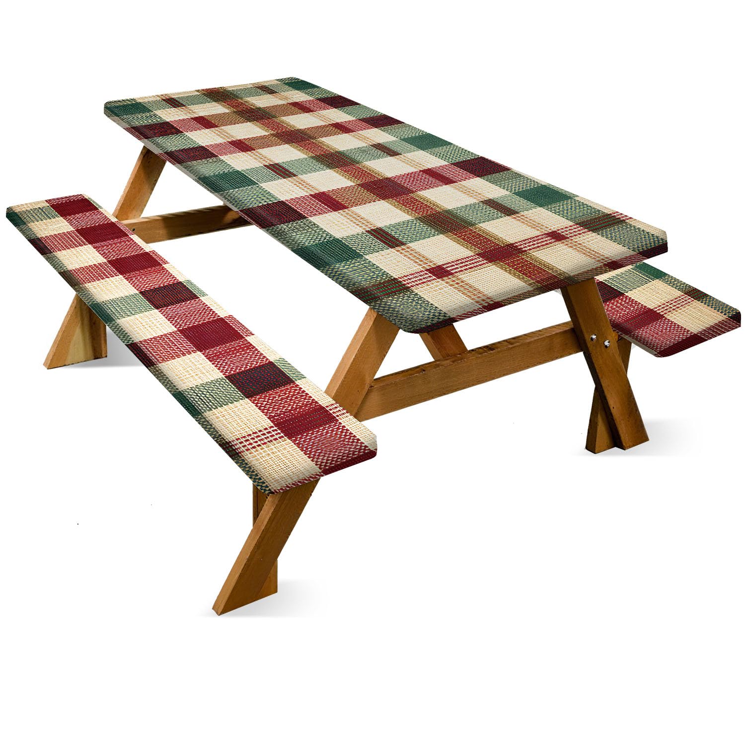 Nappe Table Pique Nique 6FT Carreaux Rouge Vert Lot de 3, Housse Imperméable Extérieur 72"x30" avec Housses Banc