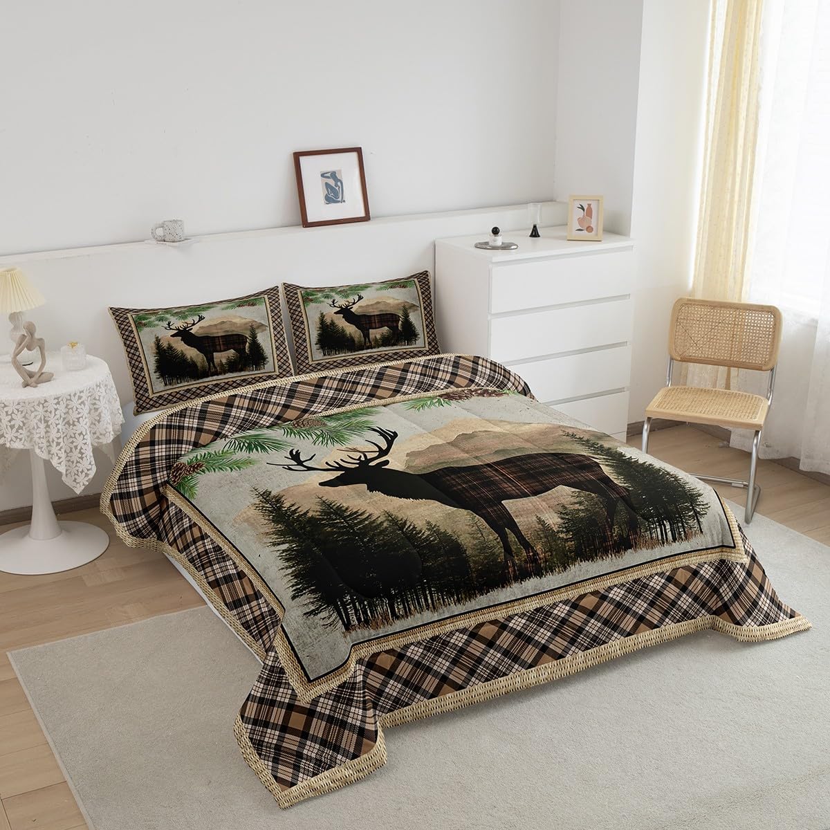 Feelyou Deer Bedding Set for Girls Boys Kids Queen Size Deer Hunting Duvet Quilt Room Decor Rustic Cabin Lodge Comforter Set Buffalo Check Wild Animal Brown Green 3Pcs Soft