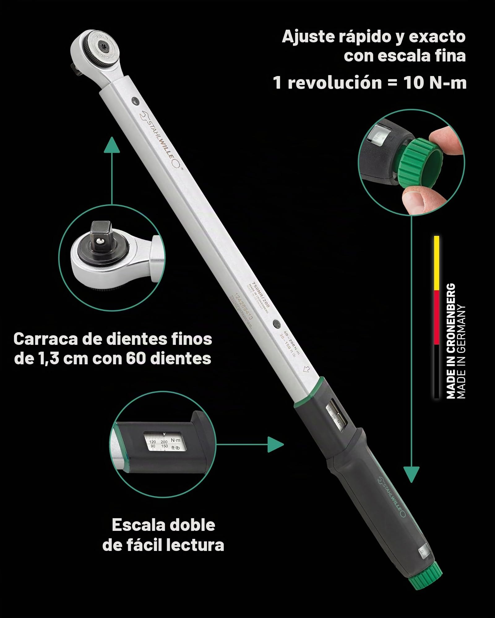 STAHLWILLE 750NR/200 | Llave dinamométrica 40-200 N·m con carraca de 1/2 pulgadas | con certificado | Fabricado en Alemania