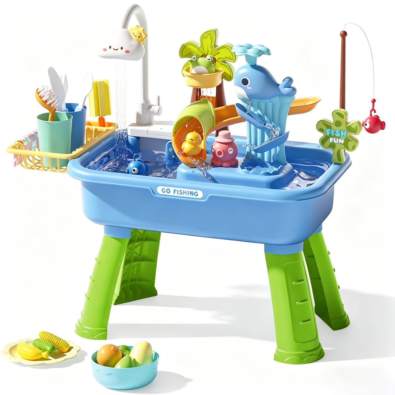 Water Table for Children, 180° Rotatable Faucet Kids Water Table with 39 Accessories＆Detachable Leg, with Electric Water Pump, Play Sink with Running Water, Summer Water Toys (blue)