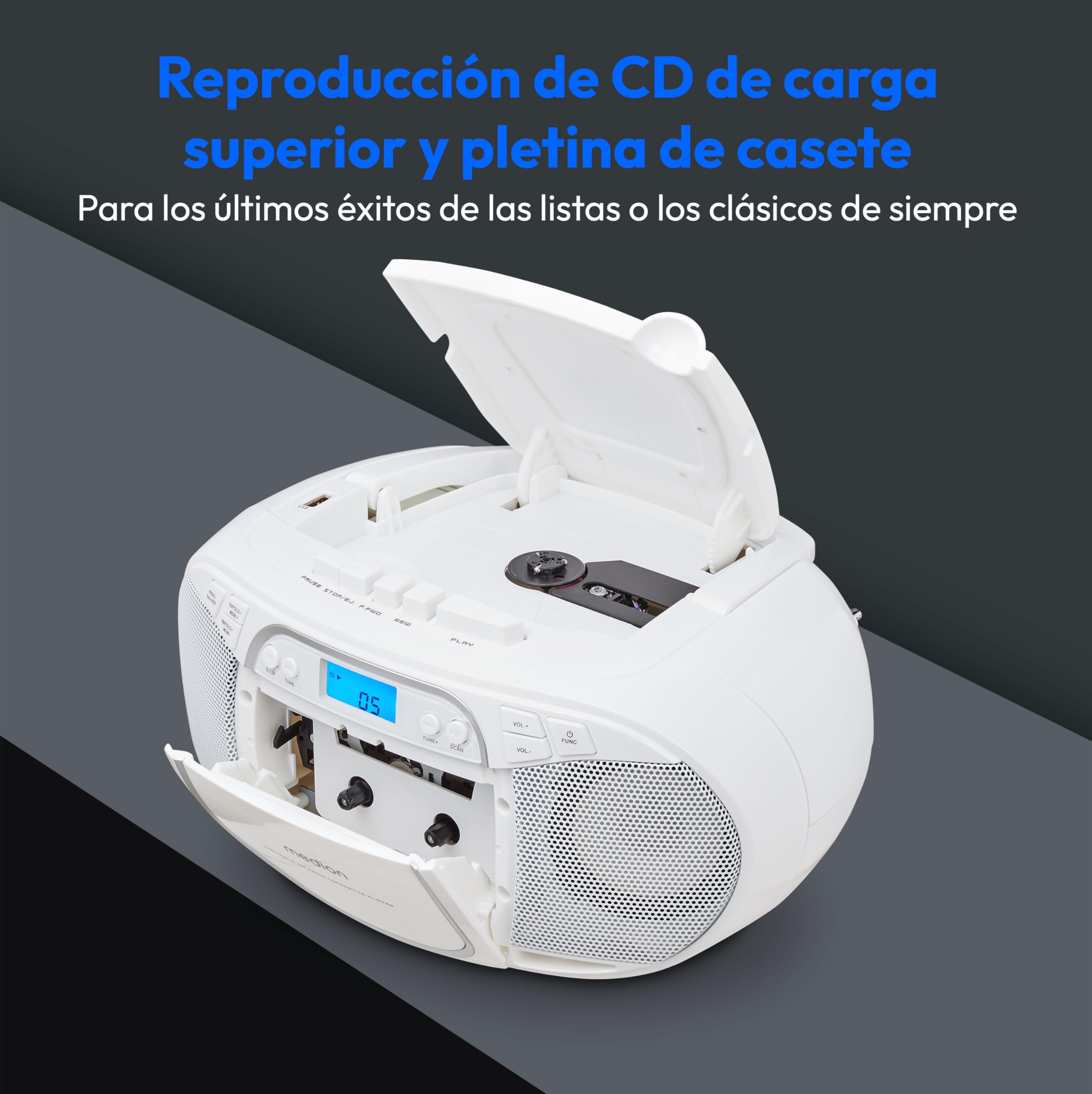 MEDION E66476 Sistema de Sonido estéreo (Boombox, Reproductor de CD, MP3, Cassette, Reproductor de Cassettes portátil para niños, Radio FM, AUX, Auriculares, Red y batería) Blanco