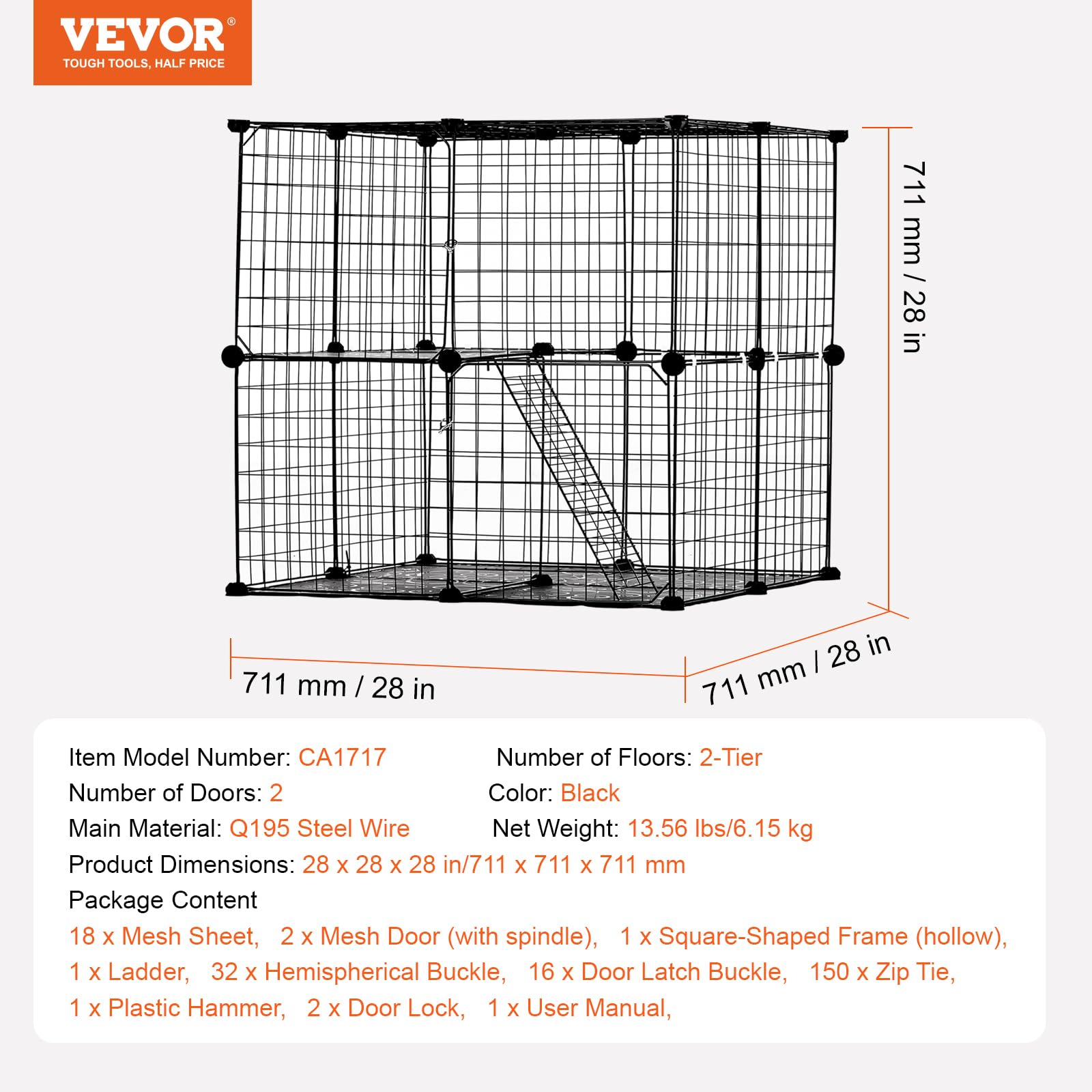 VEVOR Cage Chat 2 Niveaux, Grand Enclos Chats Fil Métallique Modulable à Monter, avec Échelle, Plate-Forme de Repos Réglable, Espace d'exercice Extérieur Intérieur pour Petits Animaux, 711x711x711 mm