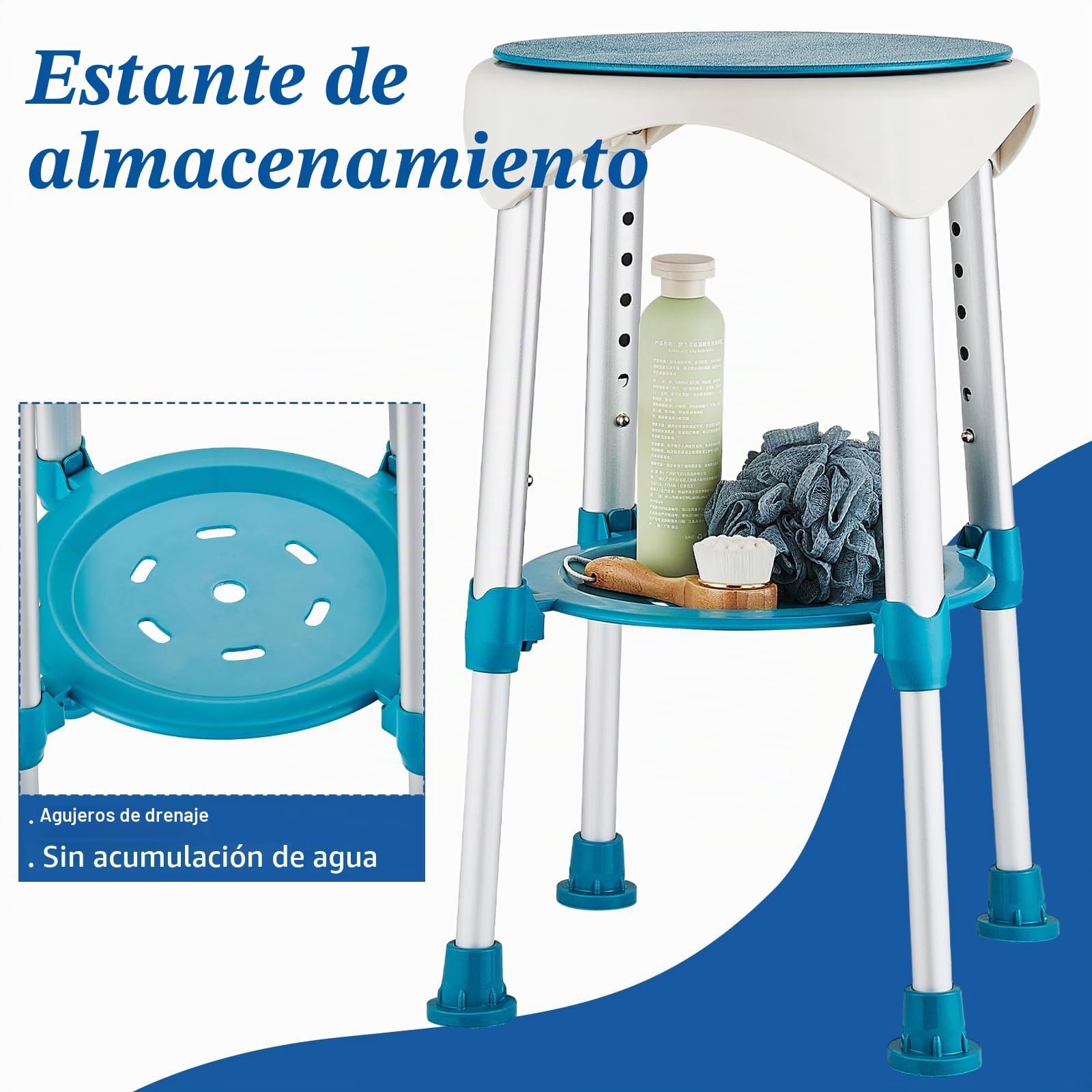 Taburete De Ducha,Asiento De Ducha Giratorio 360°con Patas De Goma Antideslizantes,Taburete Giratorio Mejorado para Personas Mayores,Silla De Baño Ajustable en Altura en 6 Niveles con Estante