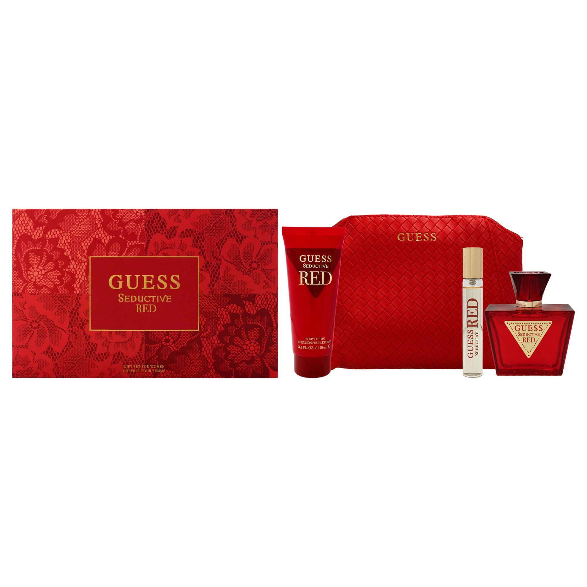 Guess Guess Seductive Red 2.5oz EDT Spray, 3.4oz Body Lotion, 0.5oz Travel EDT Spray, Pouch Women 4 Pc Gift Set