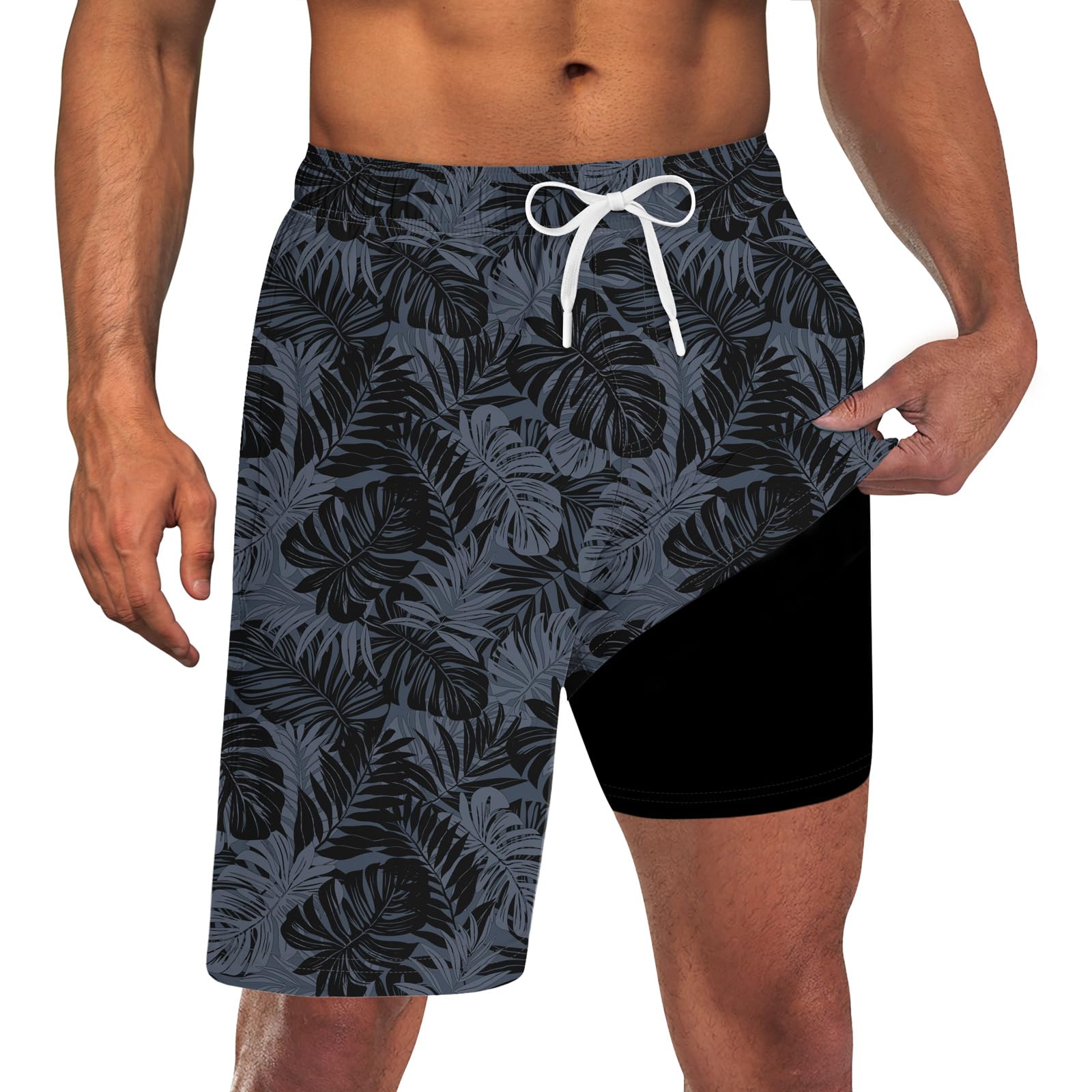 Goodstoworld Men's Funny Swim Trunks with Compression Liner 2 in 1 Quick-Dry 9" Stretch Shorts with Three Pockets