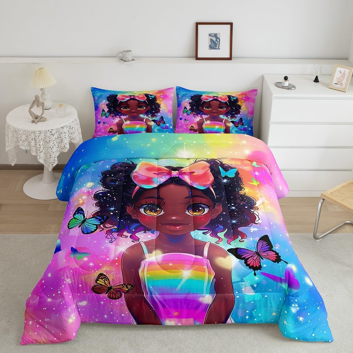 Black Girl Princess Toddler Toddler Bedding Set for Kids Little Girls Rainbow Comforter Set King, Colorful Butterfly Down Comforter Aesthetic Galaxy Bedding Comforter Sets, Twinkle Stars Duvet Insert